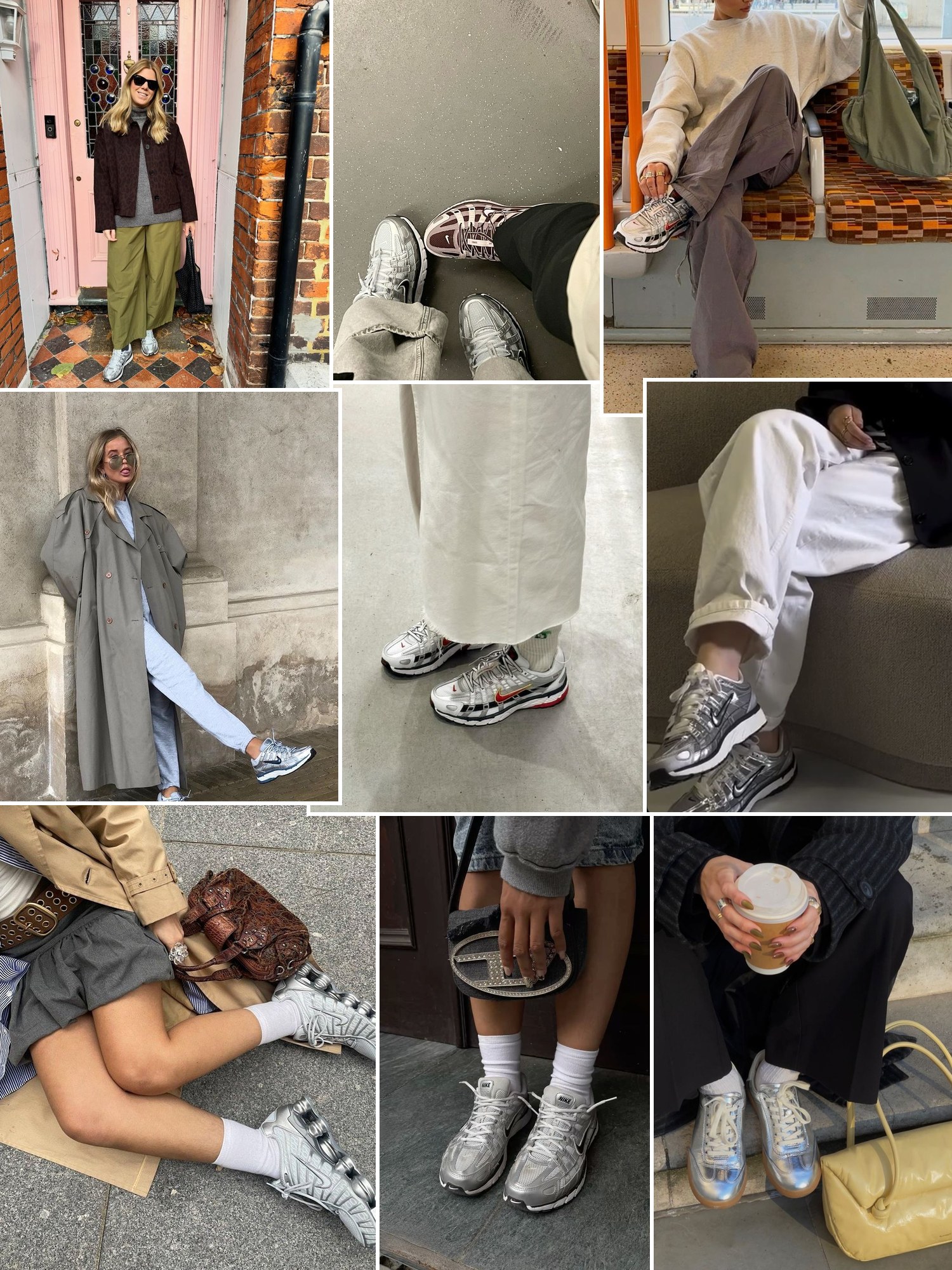 Collage of Nike P-6000 sneakers with baggy jeans and track pants