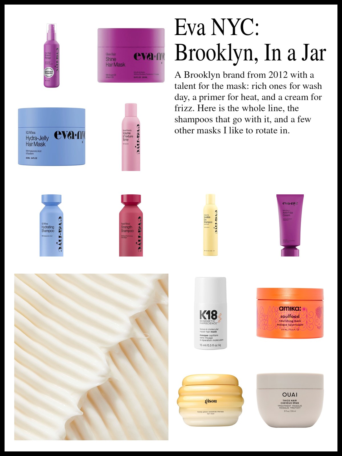 Collage of hair masks, primer sprays, styling creams, shampoos and conditioners and a mood photo of a ribbon of rich cream texture.
