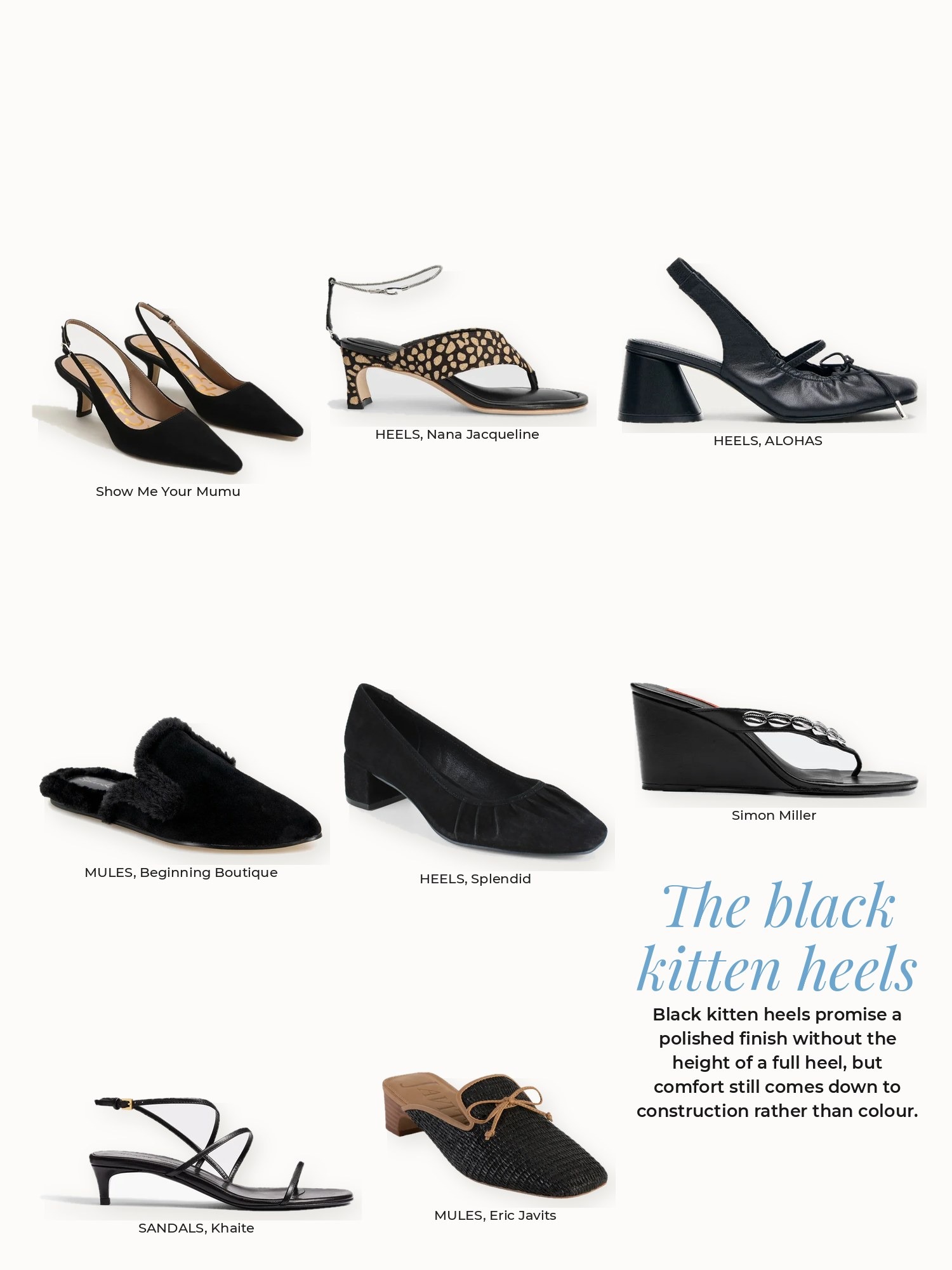Black kitten heels collage: ALOHAS, Beginning Boutique, Eric Javits, Khaite, Nana Jacqueline, Show Me Your Mumu, Simon Miller, Splendid