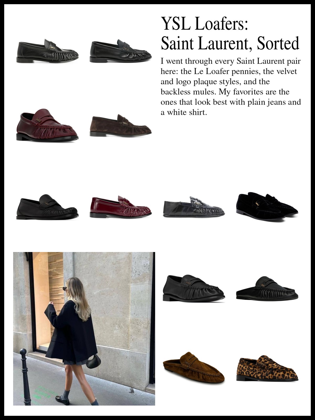 A collage of Saint Laurent penny loafers in leather, suede and eel leather, velvet and logo plaque loafers, and backless mules and slippers, and a mood photo of a black blazer, a mini skirt and loafers on a Paris street.