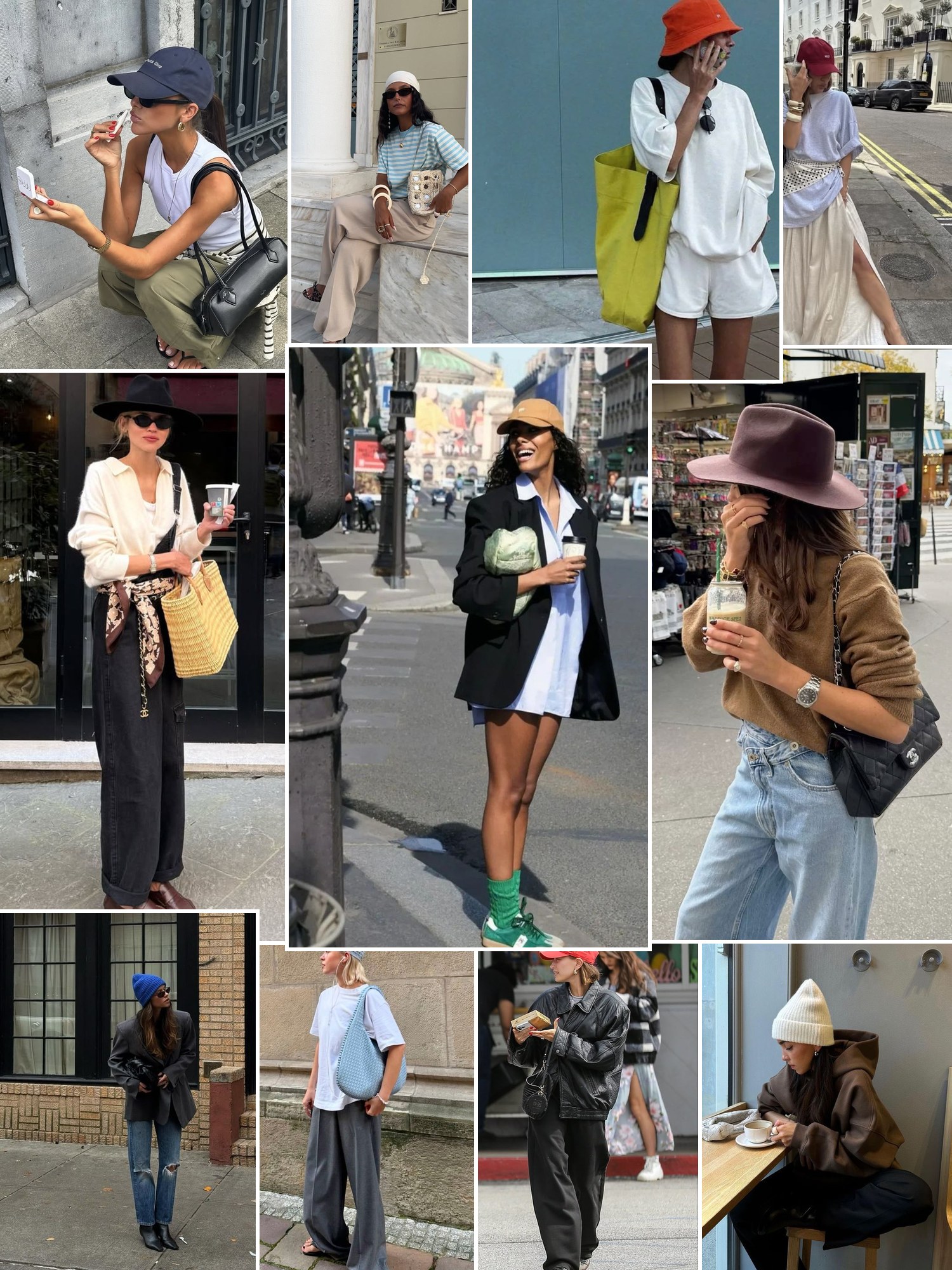 A mood board of editorial and street-style photos for Trendy Hats for Women: What to Know.
