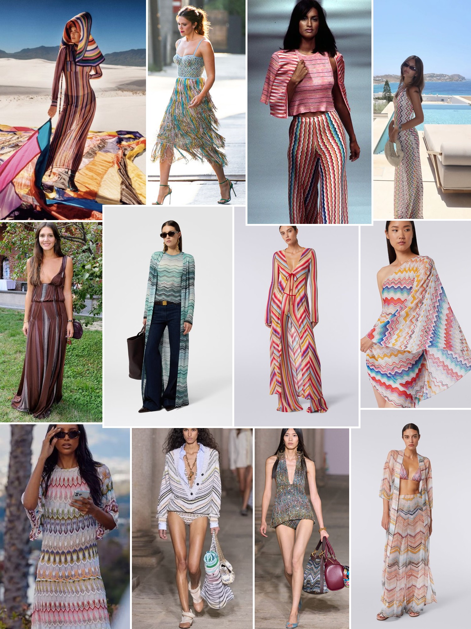 Collage of runway looks, campaign shots and street style outfits that capture the Missoni mood