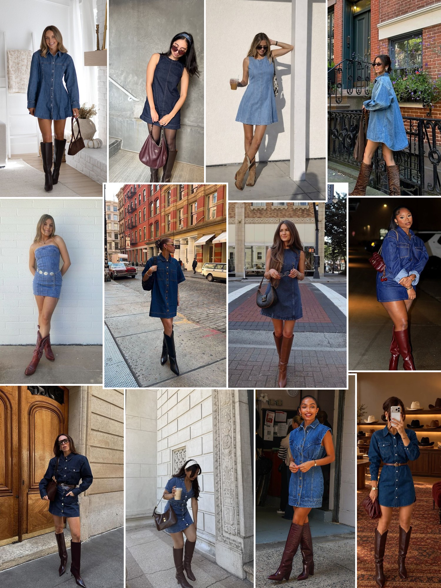 Collage of denim dresses with boots in fall