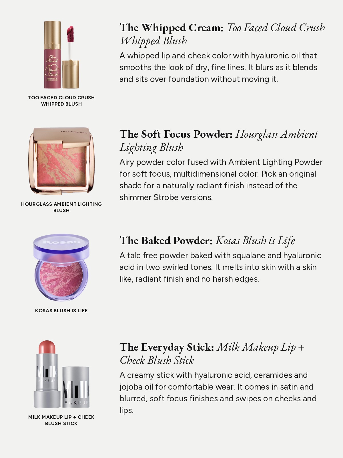 Spec list collage for The Best Blush for Mature Skin, From Melting Balms to Sheer Liquids, with notes on Too Faced, Hourglass, Kosas and Milk Makeup