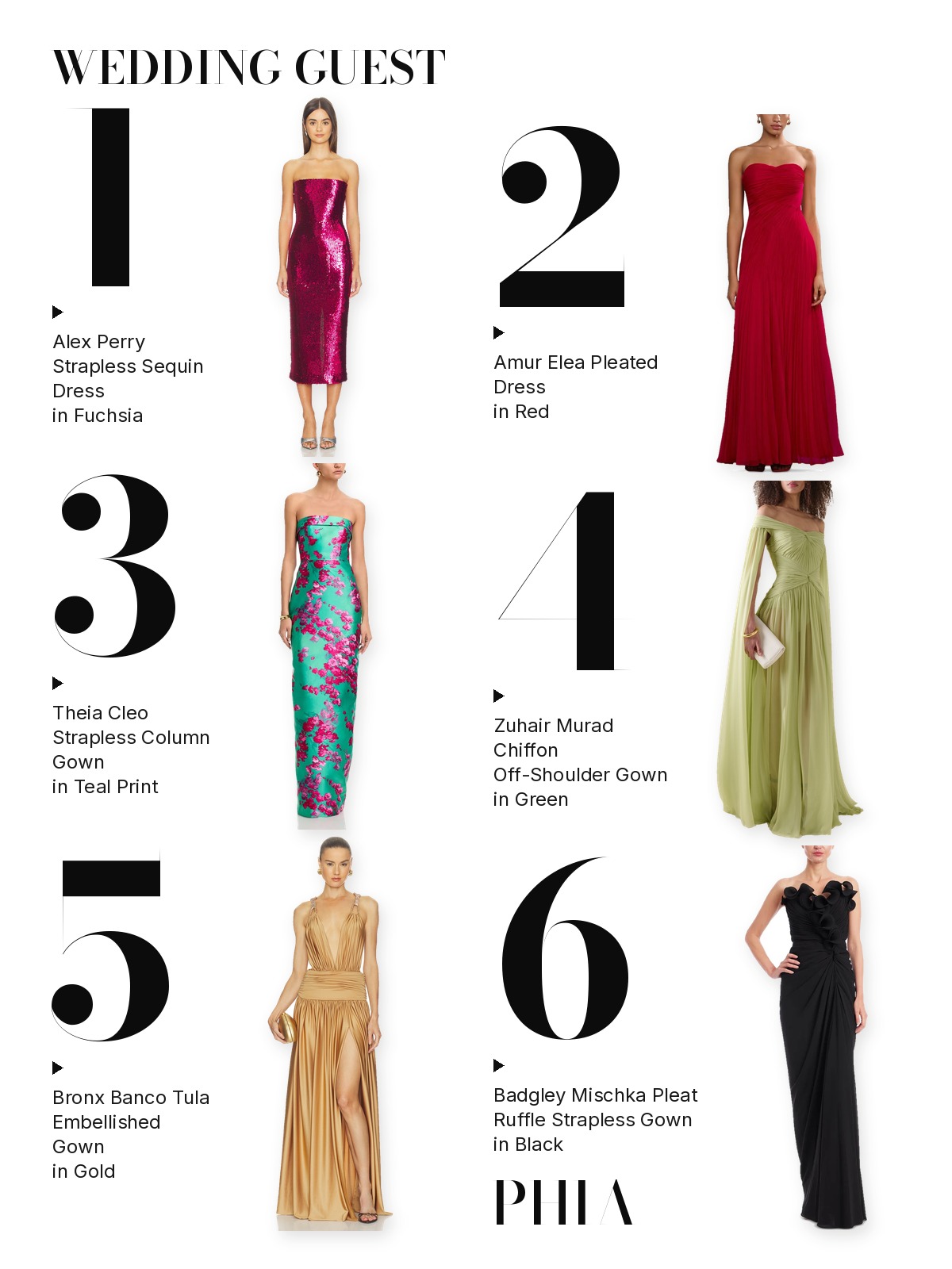 Wedding guest dresses: six gowns and dresses numbered one to six