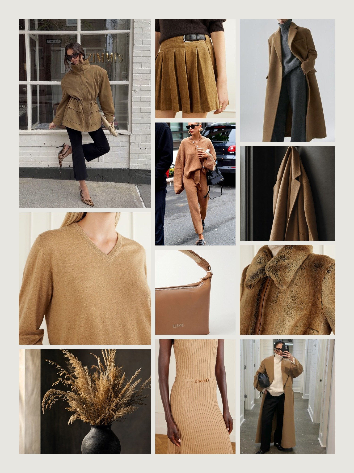 Mood board for camel and black outfits: four street-style photos of women wearing camel and black, close-ups of the Allude cashmere sweater, the Sea mini skirt, the Loewe shoulder bag, the Gabriela Hearst midi dress and the Veronica de Piante plush jacket from this edit, and two still lifes in both colors