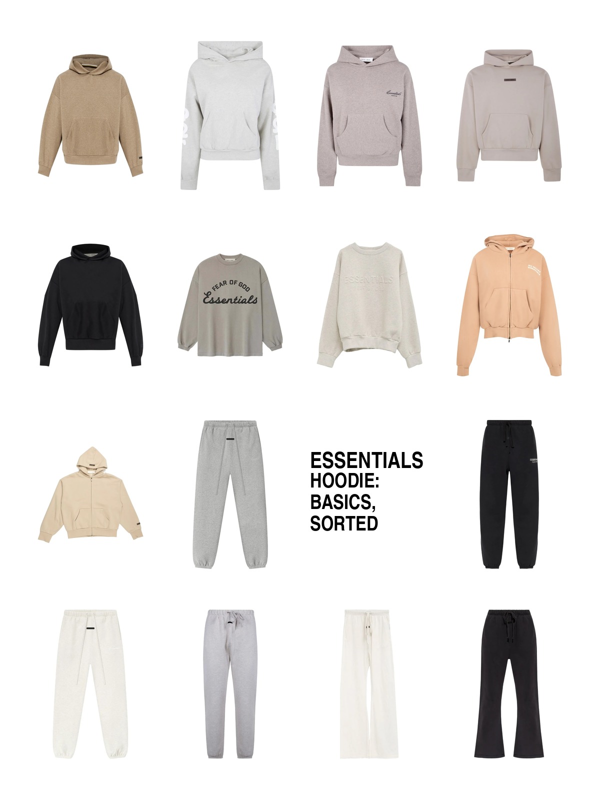 Collage of Fear of God Essentials pullover hoodies, zip hoodies and crewneck sweatshirts, and sweatpants and track pants, and a mood photo of a cream Essentials hoodie and white sweatpants against a white wall.