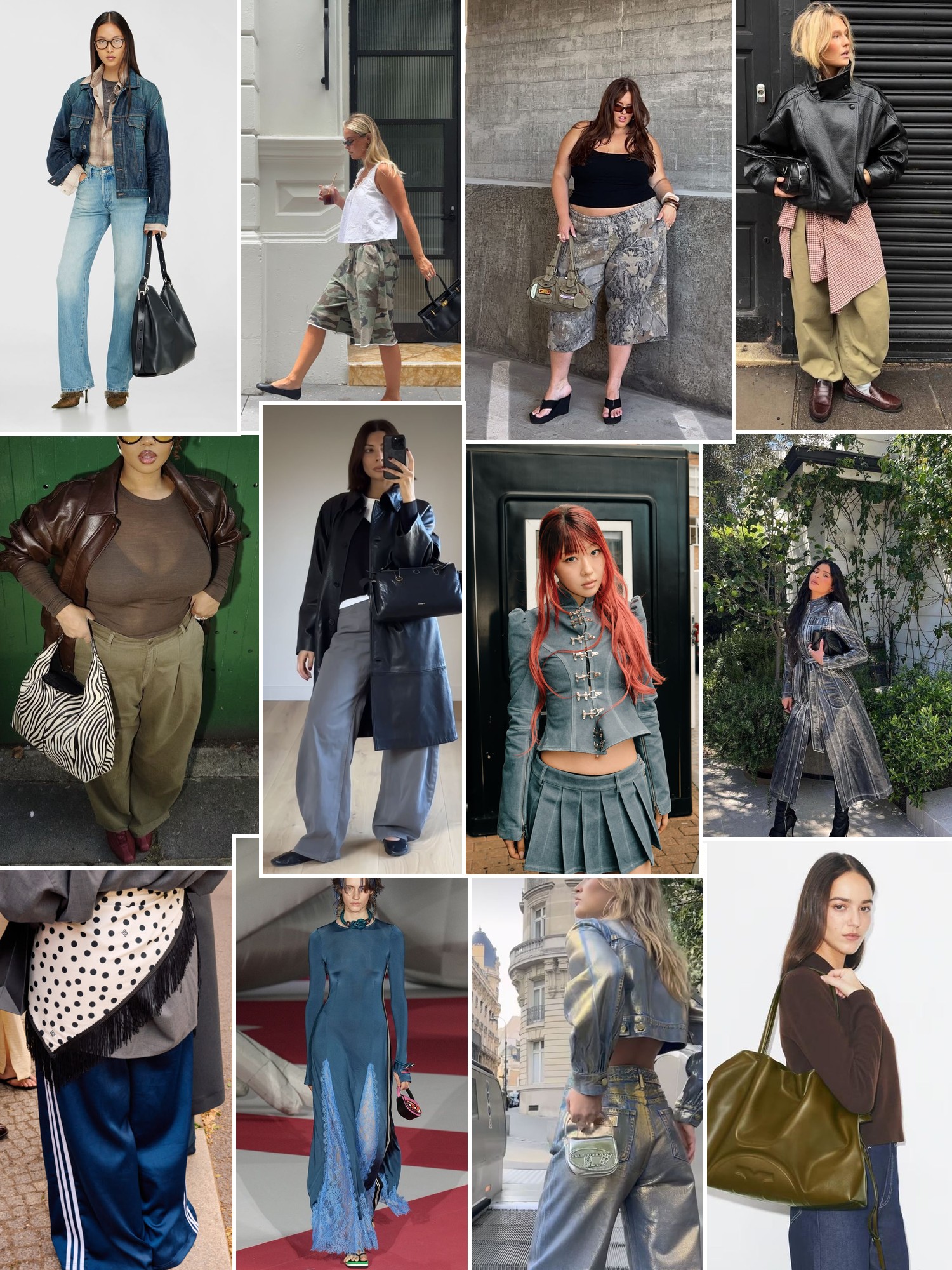 Denim, leather, metallic textures and relaxed street looks with oversized bags and wide leg trousers.