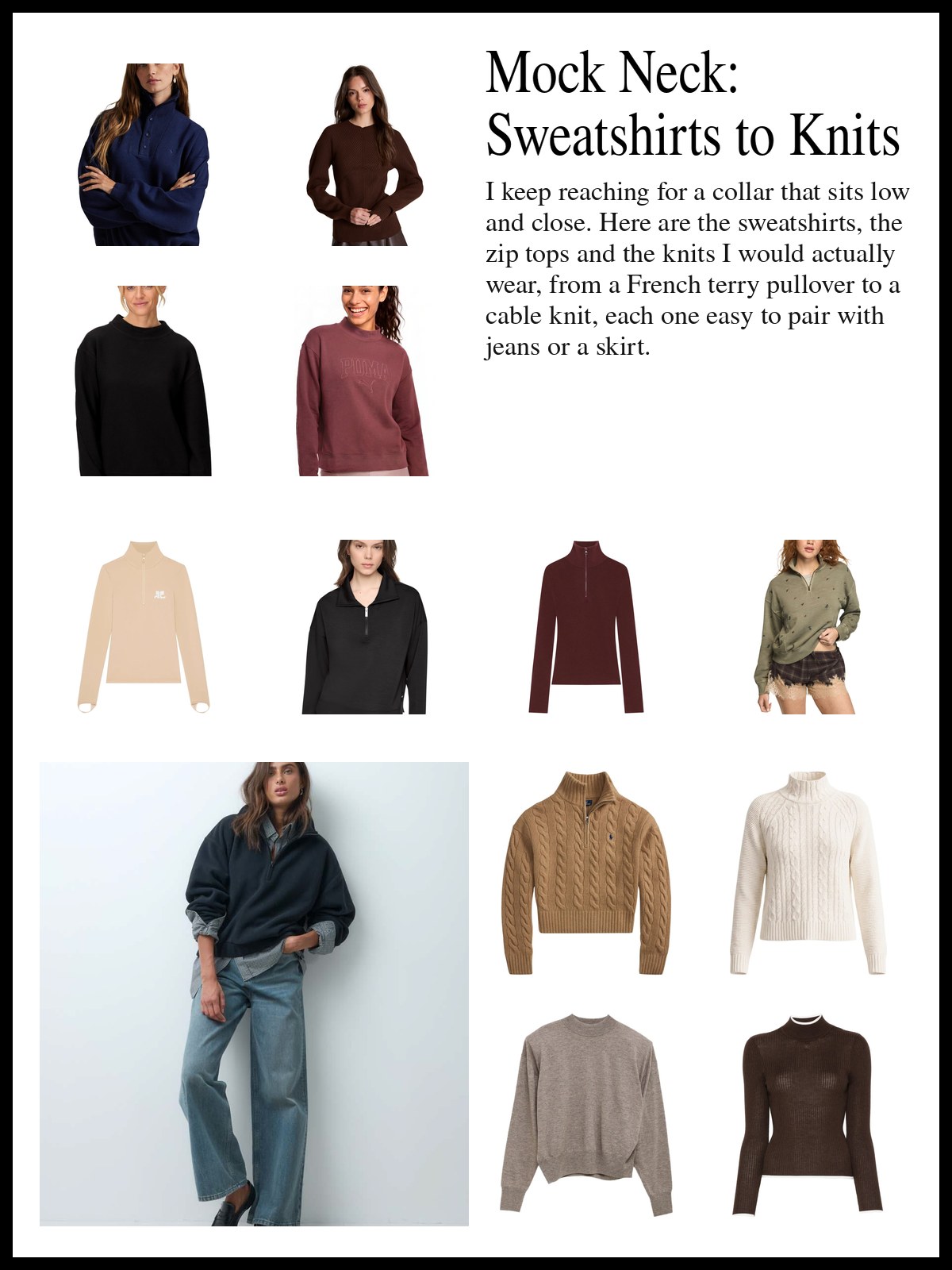 A collage of mock neck sweatshirts, half zip and quarter zip tops and knit mock neck sweaters, and a mood photo of a woman in a navy half zip sweatshirt and wide jeans.