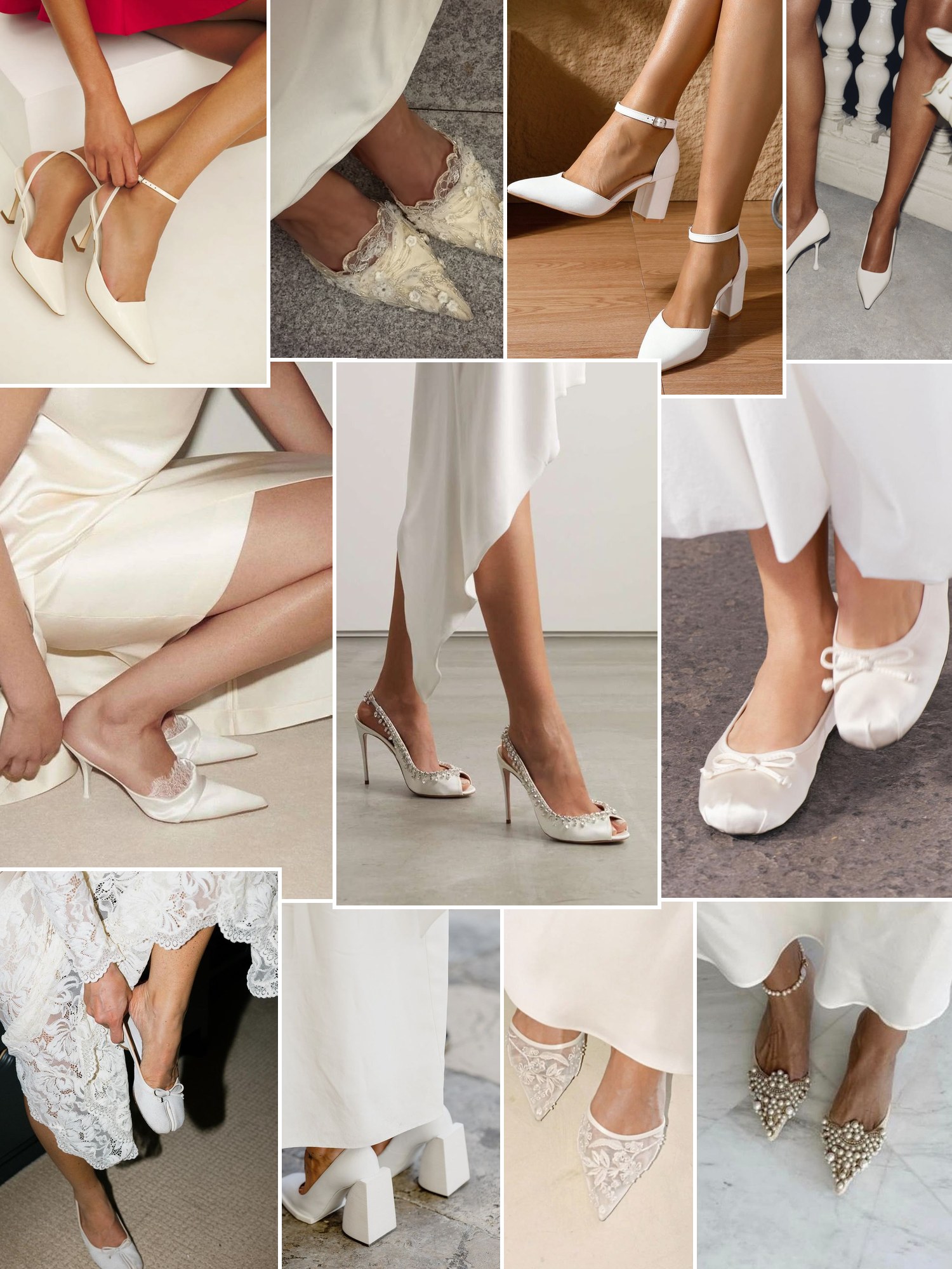Collage of everyday outfits built around bridal shoes