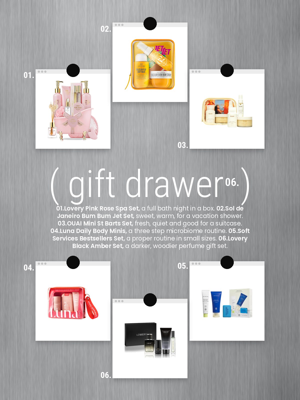 Loved lately cards collage of gift sets from Lovery, Sol de Janeiro, OUAI, Luna Daily, and Soft Services.