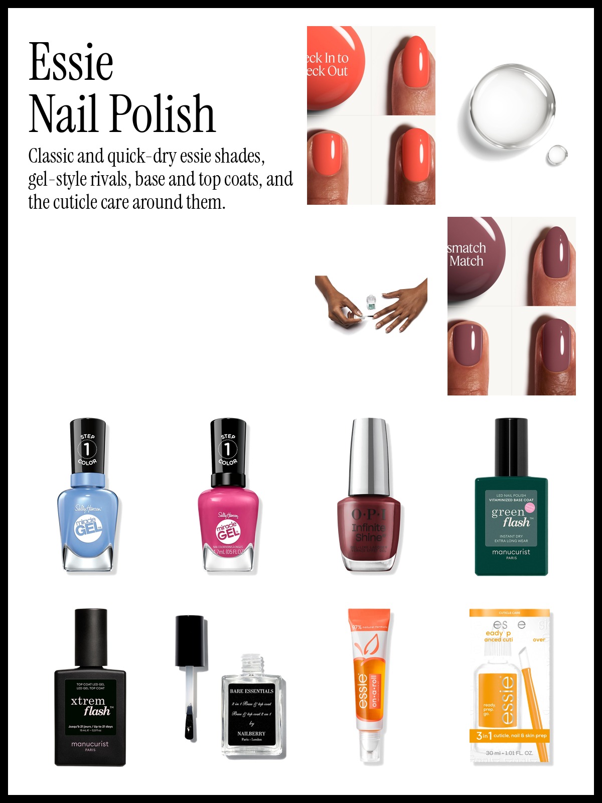 Collage of essie Check In To Check Out nail polish, essie Odd Squad Mismatch to Match and essie Gel Couture Sheer Fantasy with Sally Hansen Miracle Gel