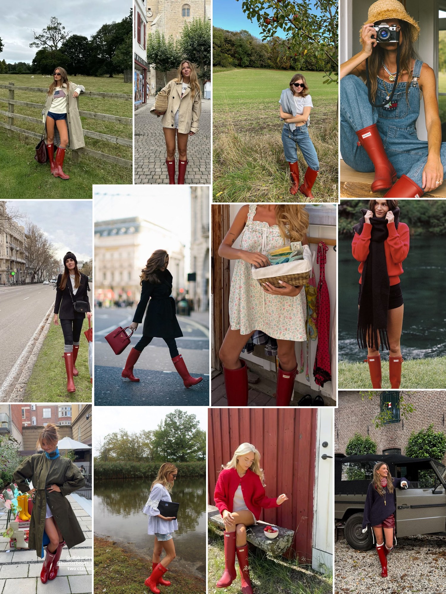 Collage of everyday looks built around red Hunter rain boots