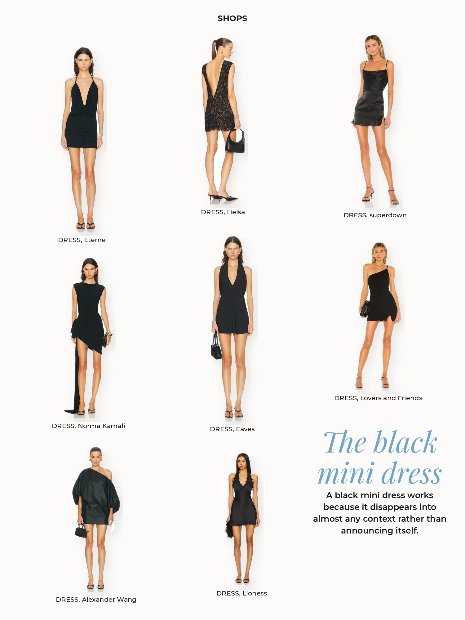 Black mini dress collage: Alexander Wang, Eaves, Eterne, Helsa, Lioness, Lovers and Friends, Norma Kamali, superdown