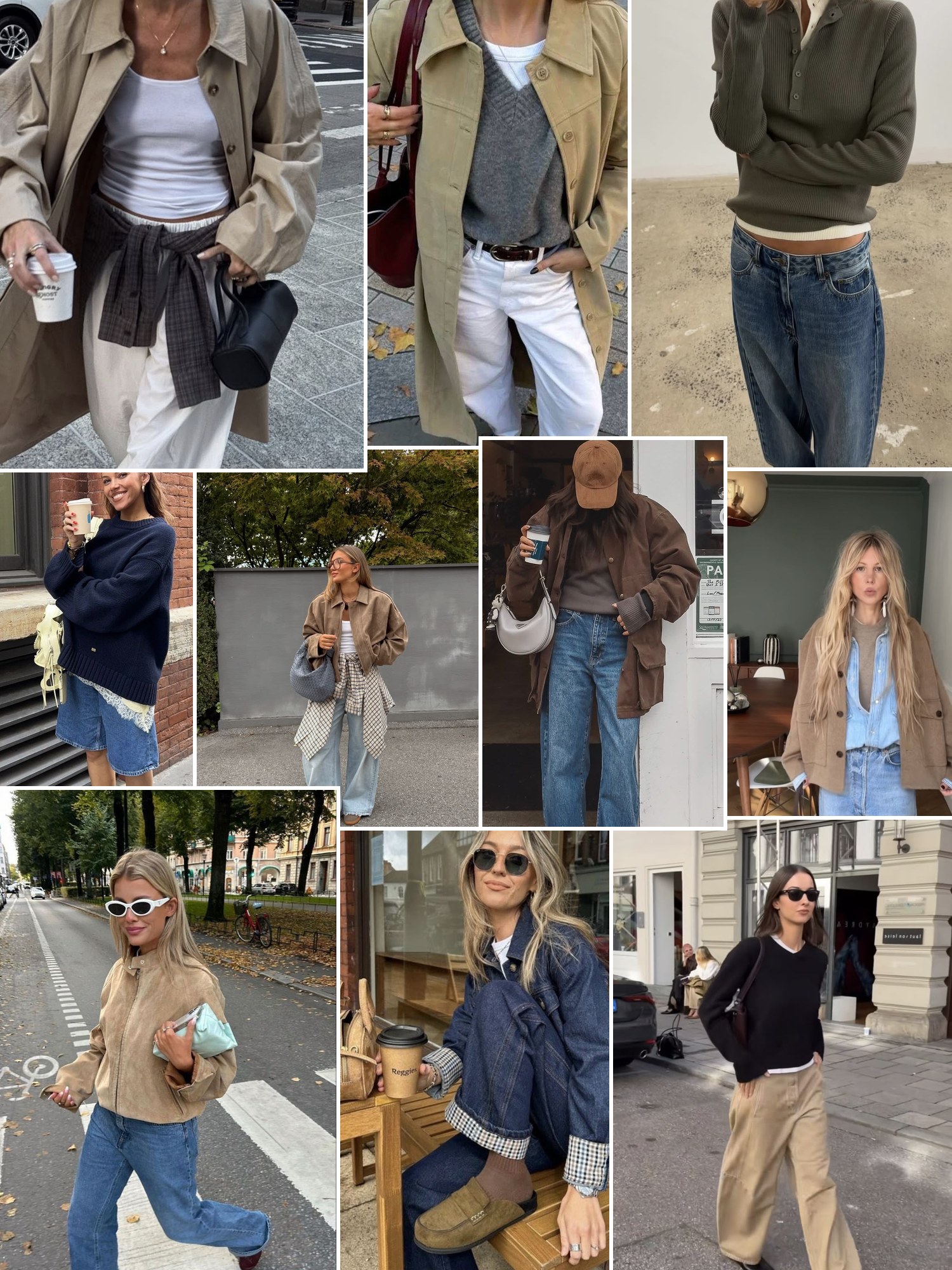 Collage of transitional outfits for mild fall days