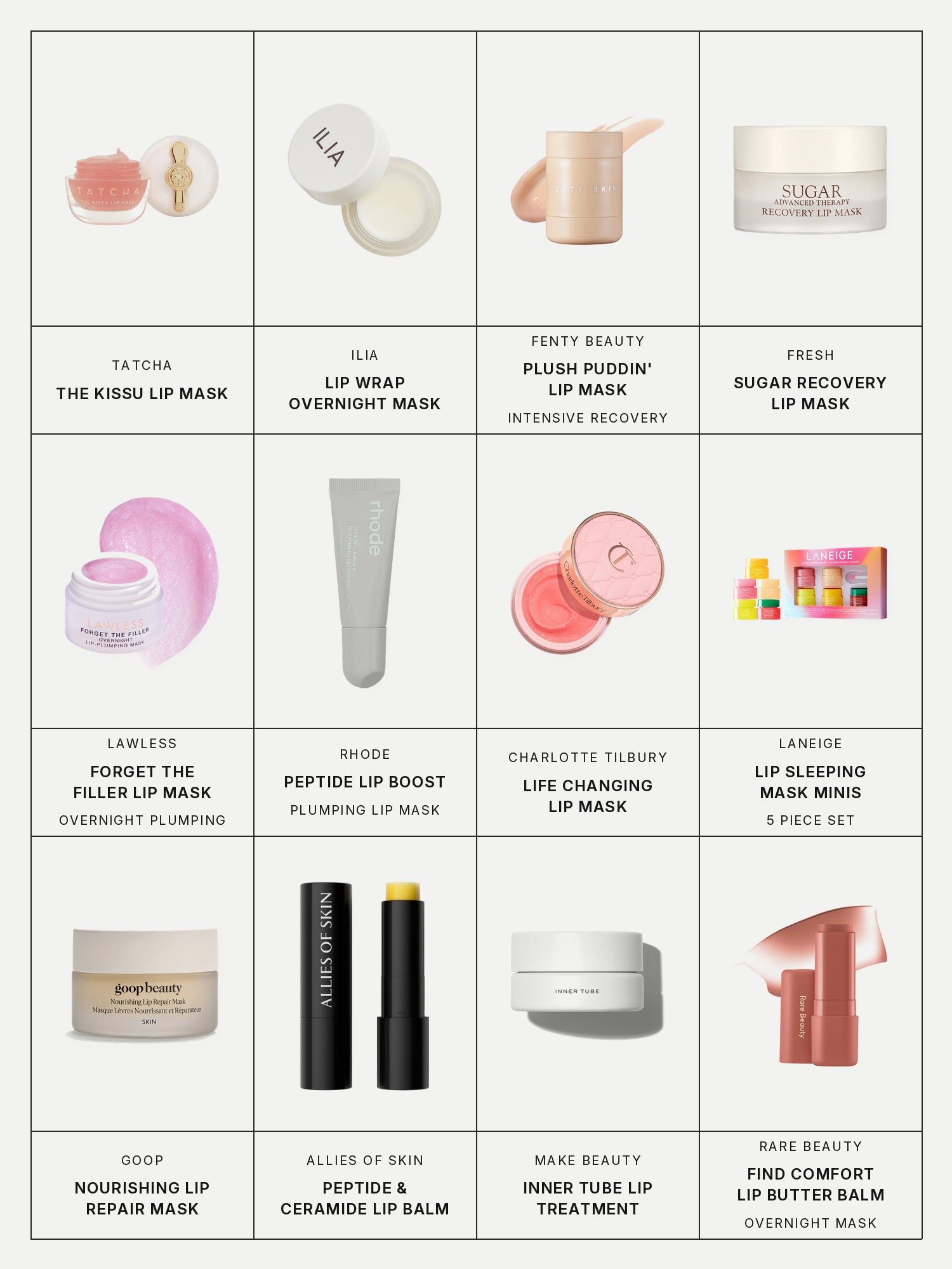 Twelve boxes on a pale grey page, one for each product in this edit, each with its brand and name printed below: Tatcha The Kissu Hydrating & Plumping Lip Mask, Ilia Lip Wrap Overnight Mask, Fenty Beauty Plush Puddin' Intensive Recovery Lip Mask With Pomegranate Sterols + Vitamin E, Fresh Sugar Recovery Lip Mask Advanced Therapy, Lawless Forget The Filler Overnight Lip Plumping Mask, Rhode Peptide Lip Boost Plumping Lip Mask, Charlotte Tilbury Life Changing Lip Mask with Cushioning Ceramides, Laneige Midnight Minis Hydrating Lip Sleeping Mask Treatment 5 pc. Gift Set, goop Beauty Nourishing Lip Repair Mask, Allies of Skin Peptide & Ceramide Repair Lip Balm, Make Beauty Inner Tube Lip Treatment and Rare Beauty Find Comfort Lip Butter Balm + Overnight Mask with Hyaluronic Acid Butter.