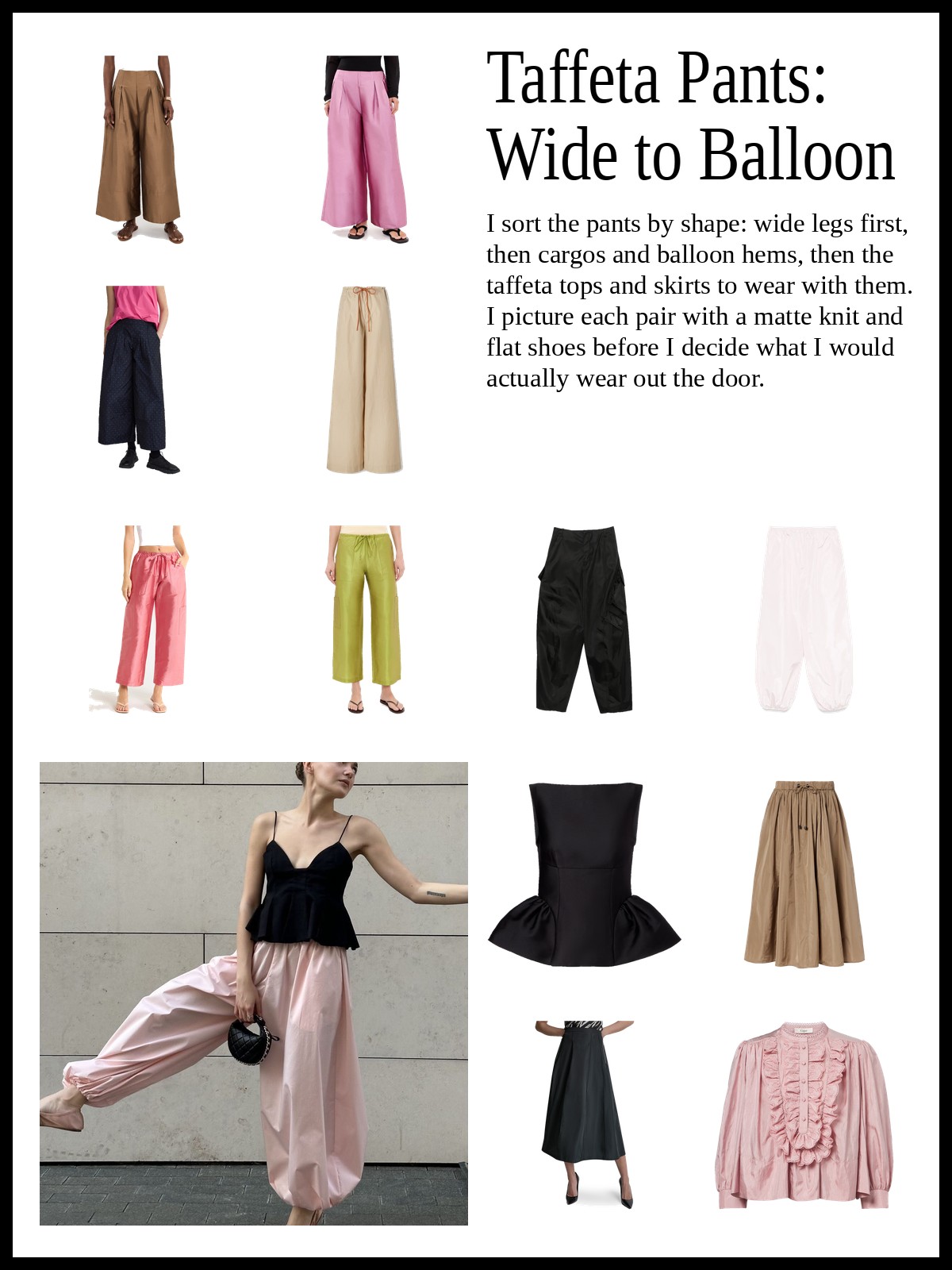 Collage of wide-leg taffeta pants, taffeta cargo and balloon pants, and taffeta tops and skirts, and a mood photo of pink balloon pants with a black top