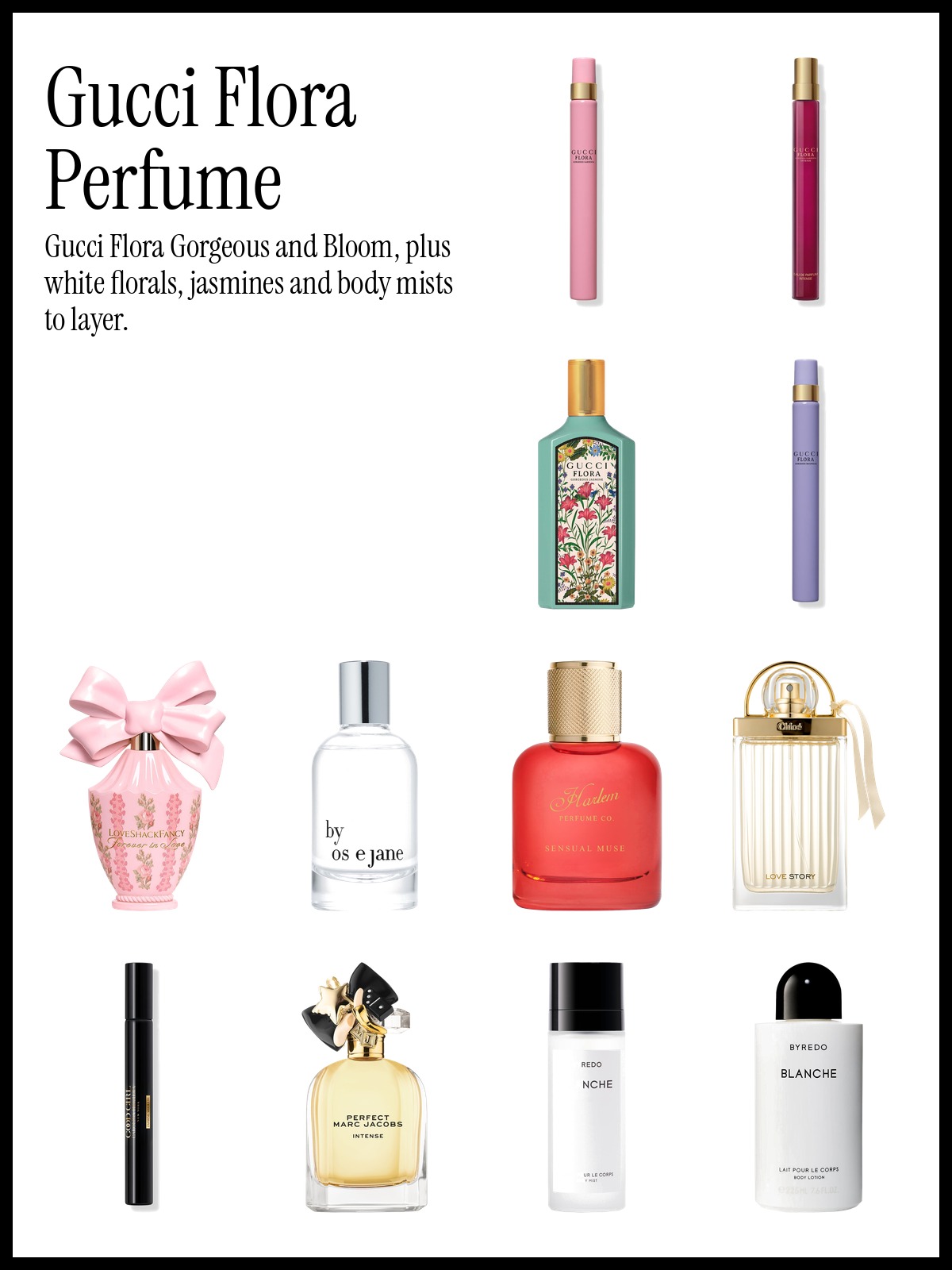 Collage of Gucci Flora Gorgeous Gardenia Eau de Parfum, LoveShackFancy Forever in Love Eau de Parfum and Chloé Love Story Eau de Parfum