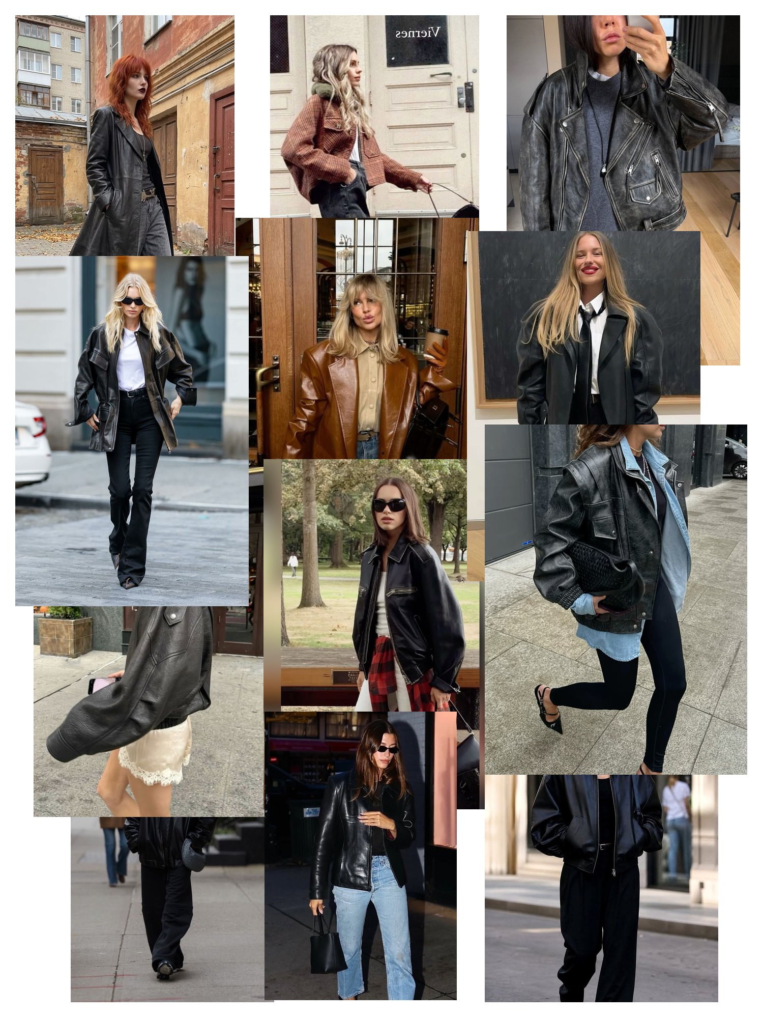 Street-style collage of 12 outfit photos featuring leather jacket, scattered and overlapping