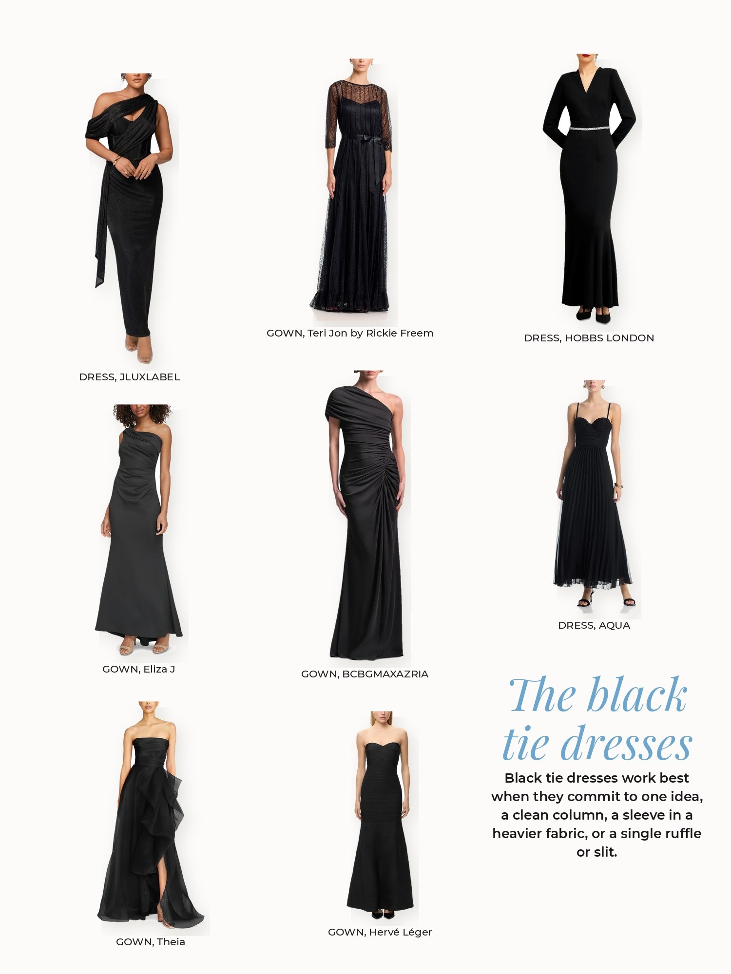 Black tie dresses collage: AQUA, BCBGMAXAZRIA, Eliza J, HOBBS LONDON, Hervé Léger, JLUXLABEL, Teri Jon by Rickie Freeman, Theia