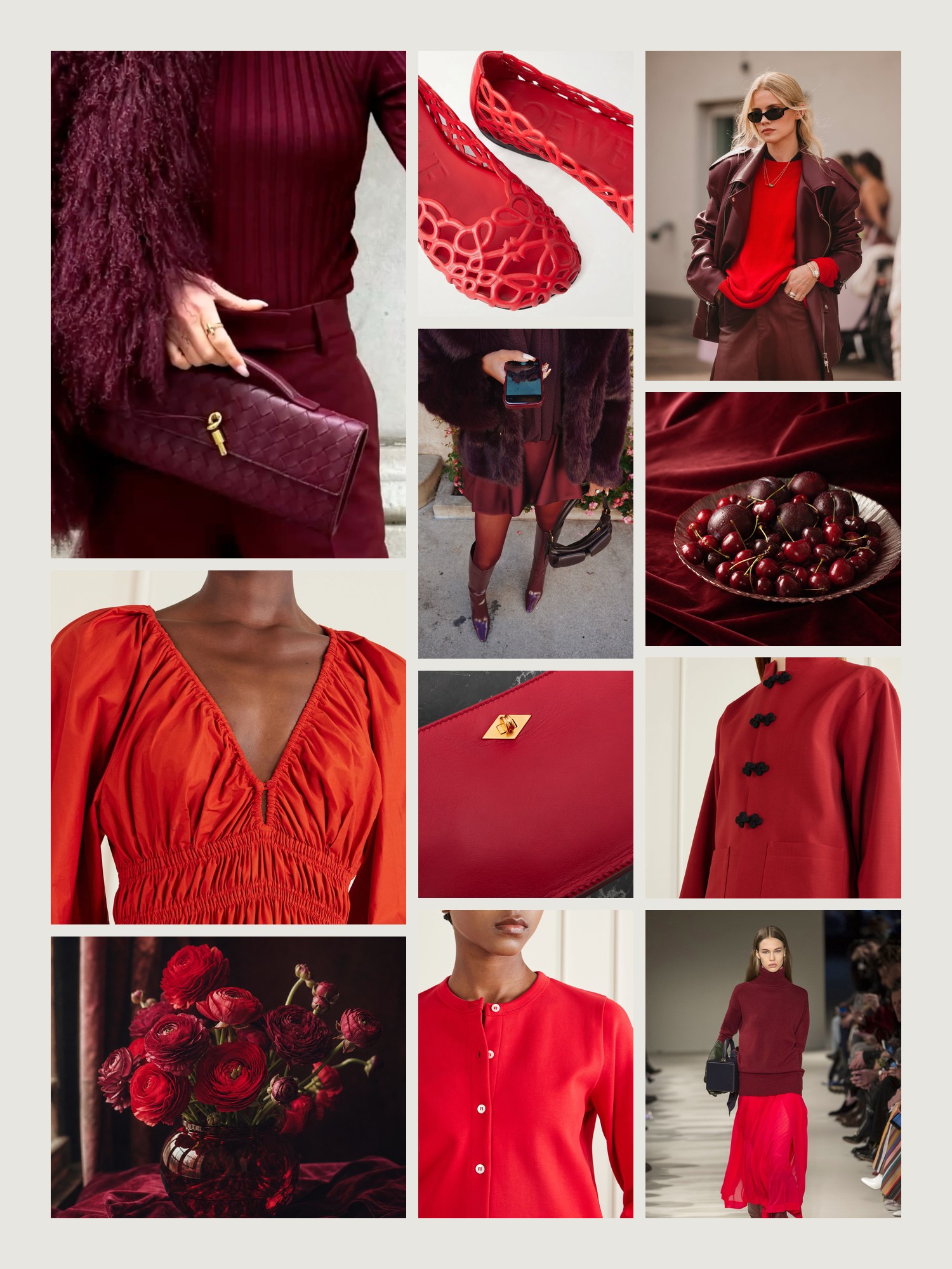 Mood board for red and burgundy outfits: four street-style photos of women wearing red and burgundy, close-ups of the Métier clutch, the Loewe ballet flats, the Flore Flore cardigan, the Matteau maxi dress and the Róhe jacket from this edit, and two still lifes in both colors
