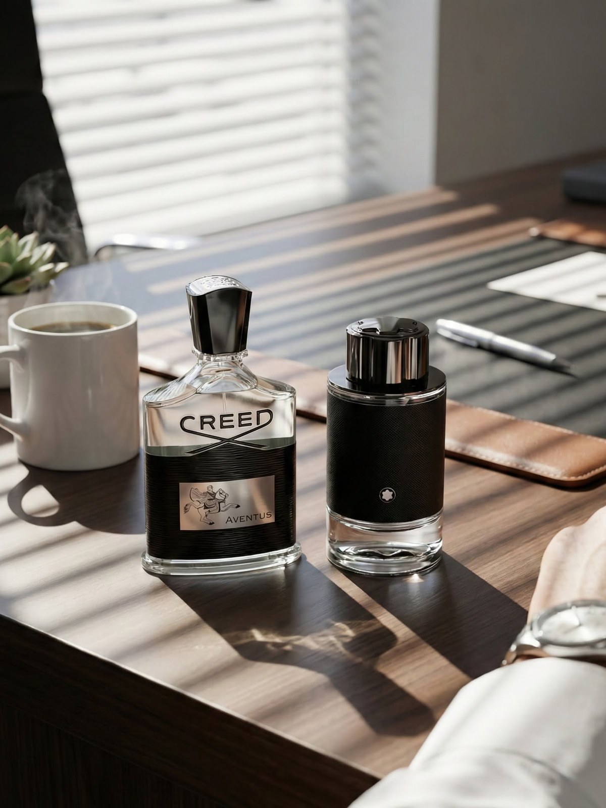 Montblanc Explorer next to Creed Aventus on a wooden desk with a coffee mug and a silver pen