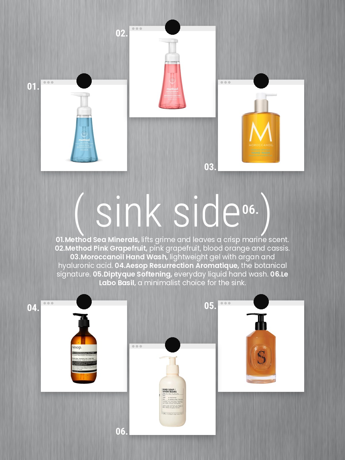 Loved lately cards collage featuring Method, Moroccanoil, Aesop, Diptyque, and Le Labo hand soaps.
