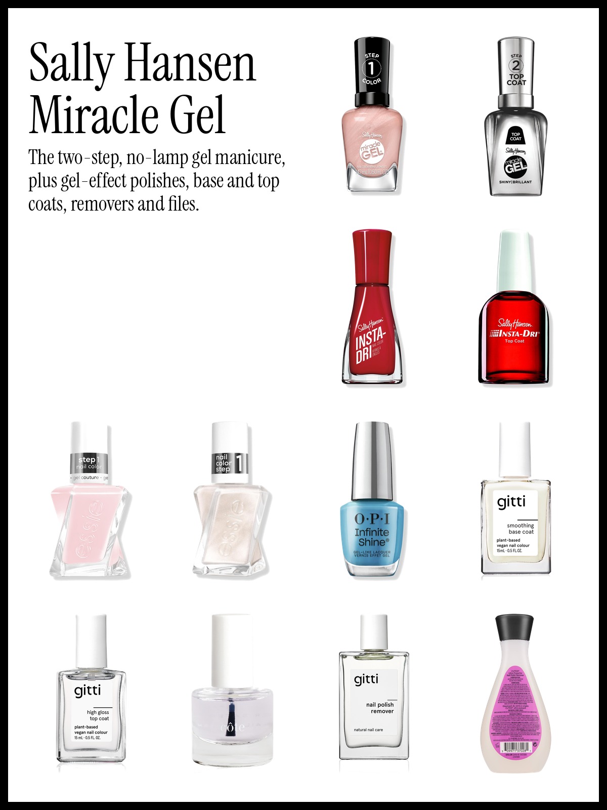 Collage of the Sally Hansen Miracle Gel SuperCharged Glam Collection, Sally Hansen Miracle Gel Nail Polish and essie Gel Couture Longwear Nail Polish