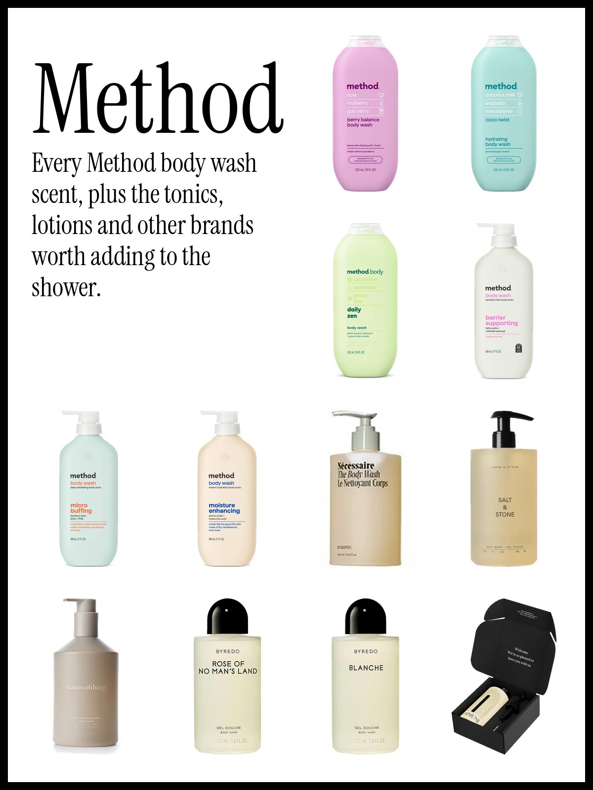 Collage of Method body wash bottles in berry balance, wind down, mindful matcha and serene escape scents