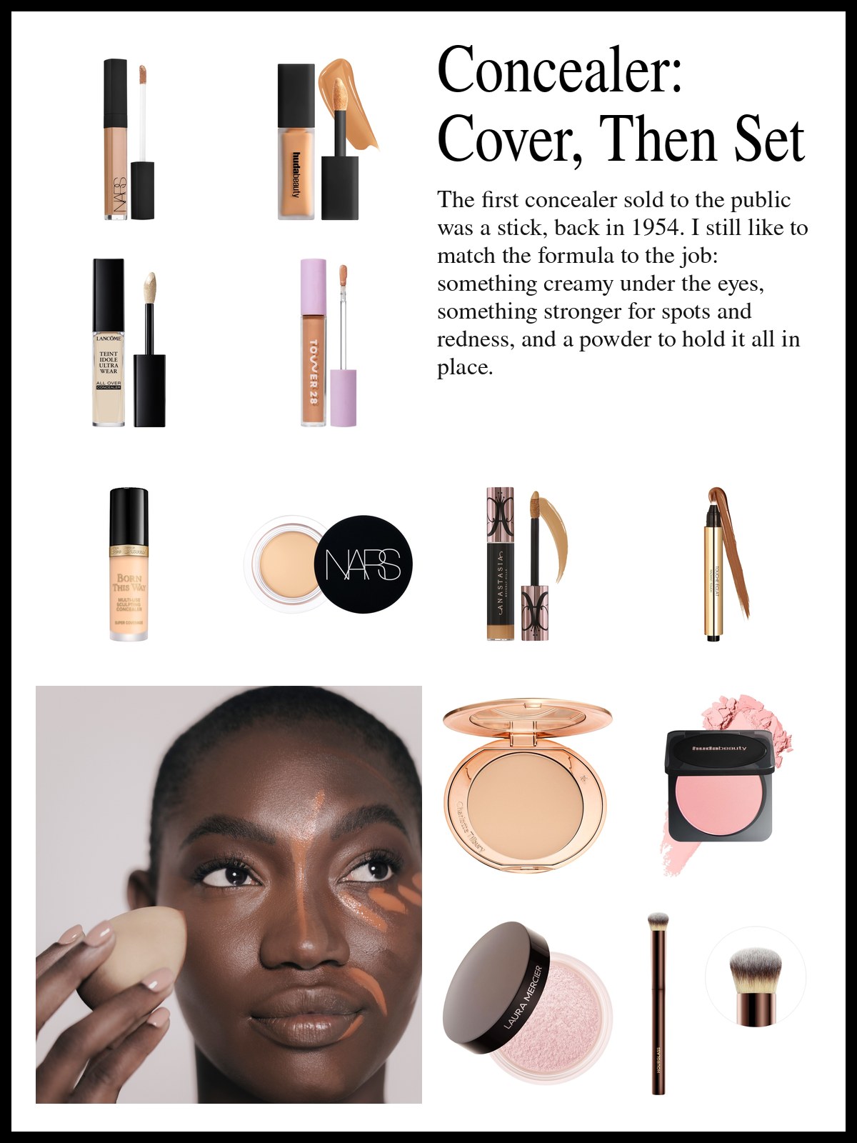 Collage of under-eye concealers, full-coverage concealer sticks and pens, setting powders and a blending brush, and a mood photo of a sponge pressing concealer under the eyes.