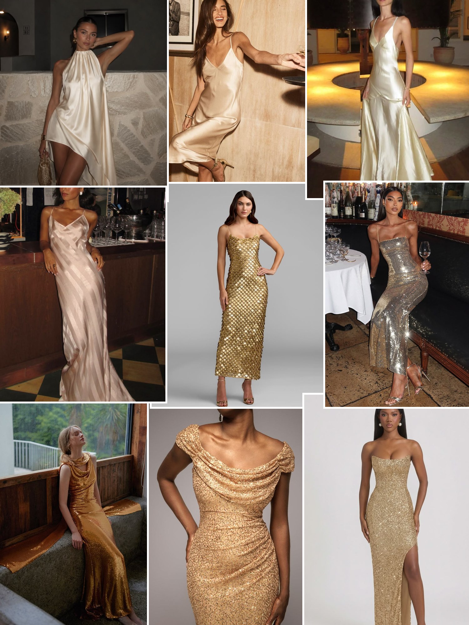 Collage of everyday outfits built around champagne formal dresses