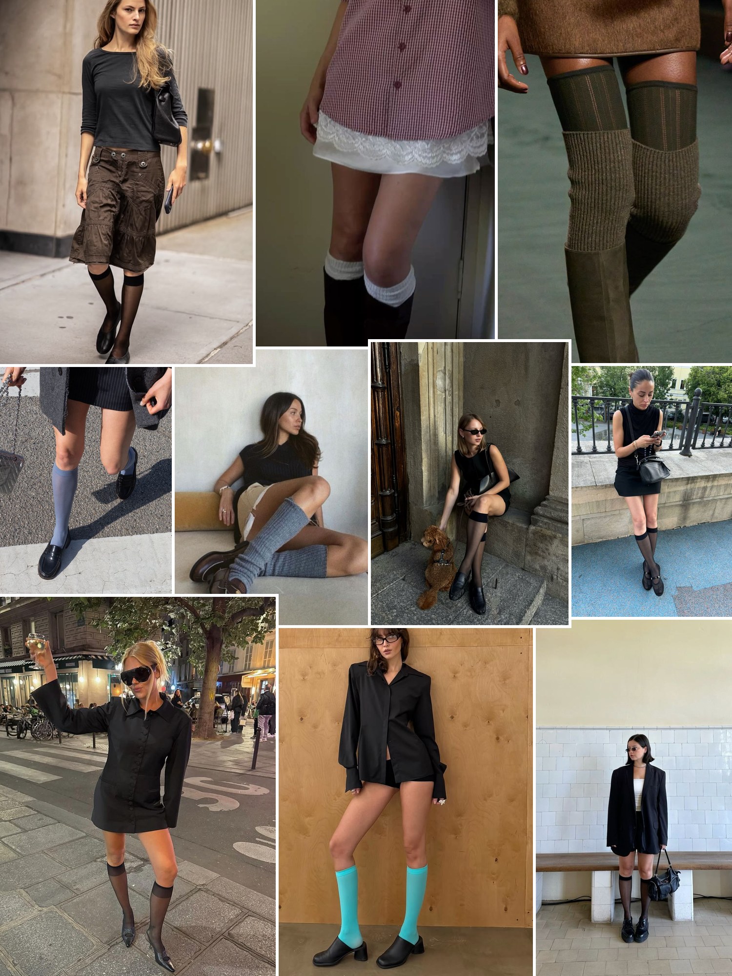 Collage of everyday outfits built around Knee socks