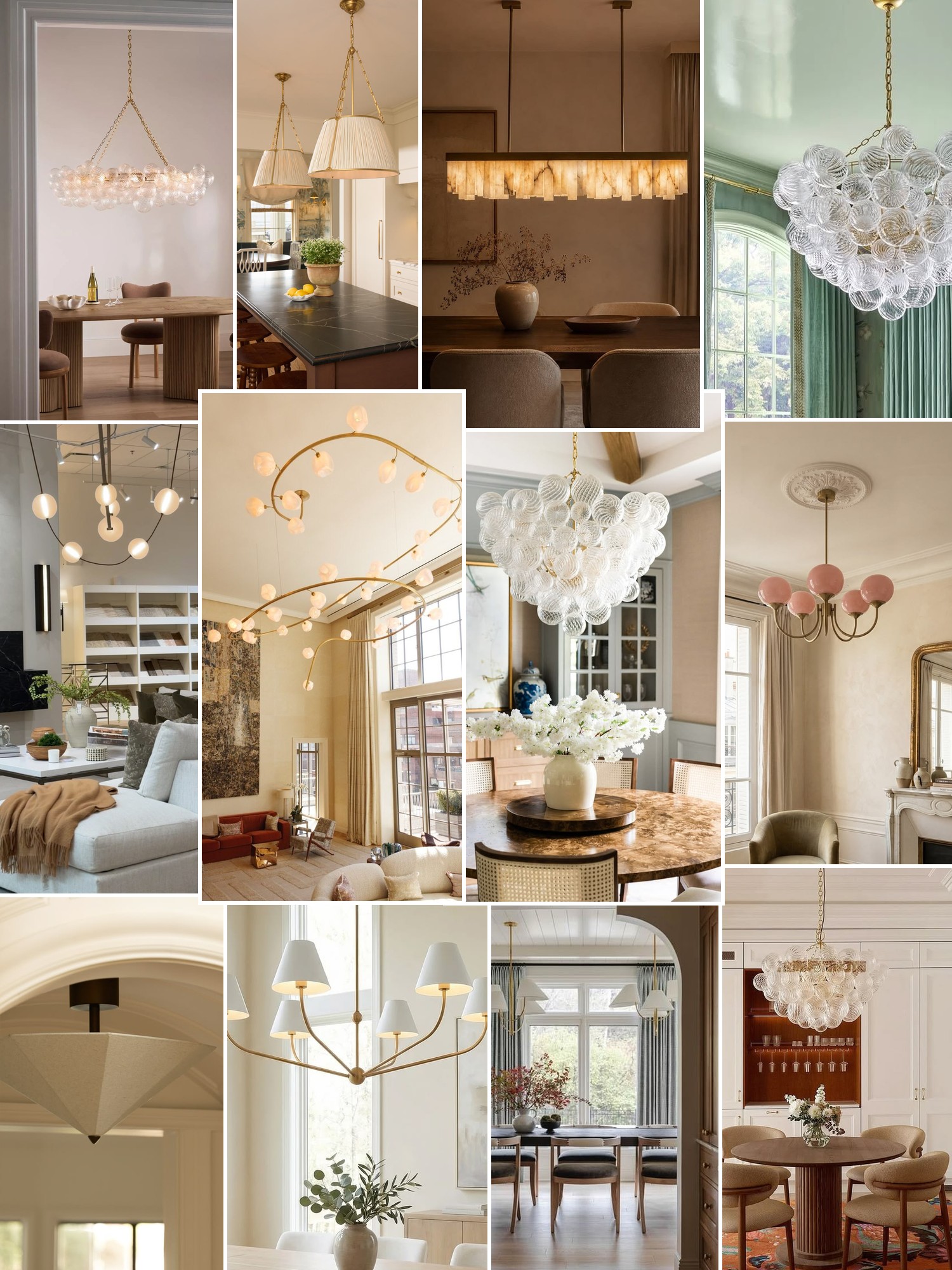 Collage of elegant dining rooms, sculptural chandeliers, glass pendants and warm layered interiors
