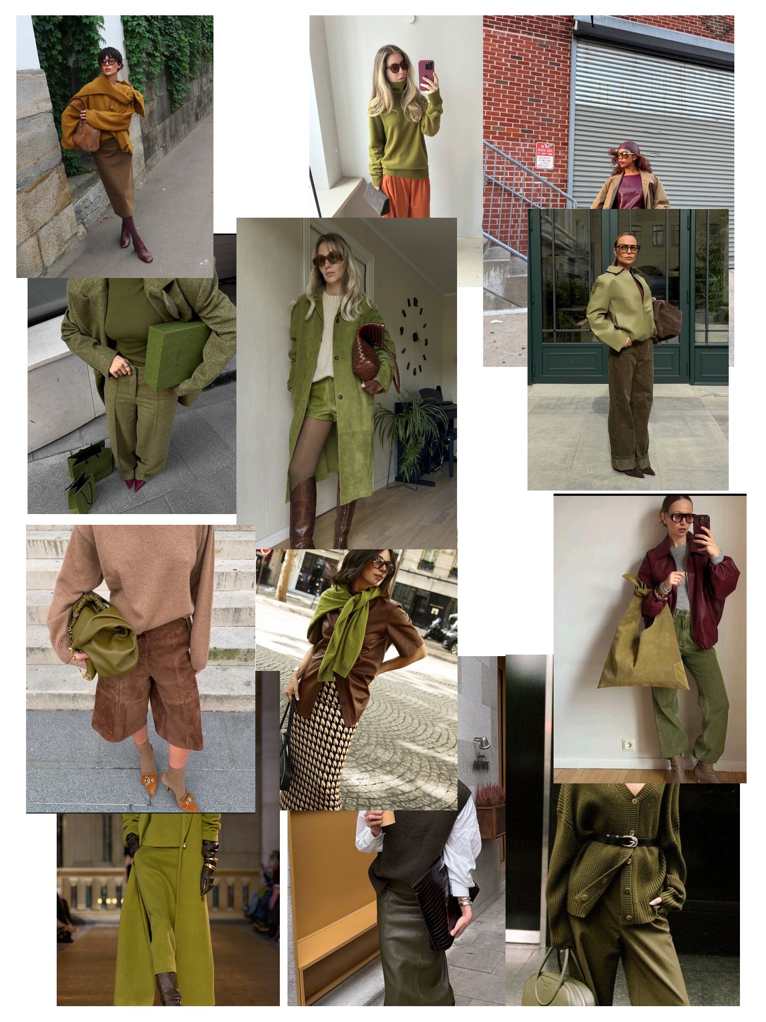Collage of twelve street-style photos of women wearing rust and olive green outfits, scattered and overlapping on white