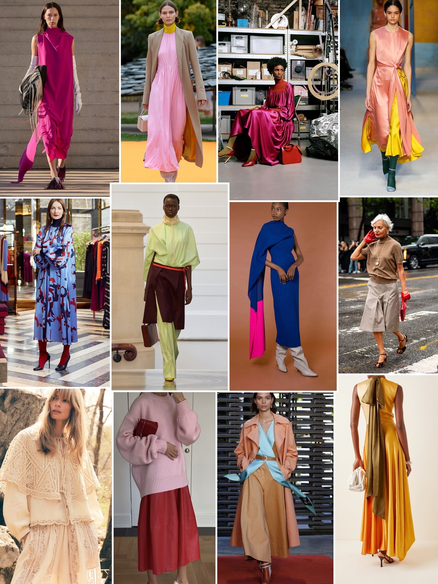 Collage of sculptural dresses and tailored looks in vivid pink, cobalt, orange and soft pastels.