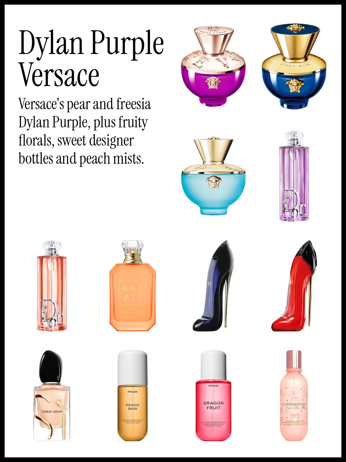 Collage of Versace Dylan Purple, Dylan Blue and Dylan Turquoise with Dior Addict, Kayali, Carolina Herrera and PHLUR perfume bottles and mists