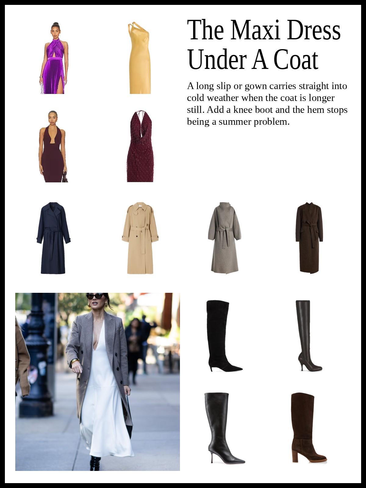 The Maxi Dress Under A Coat: maxi dresses, long coats and knee boots