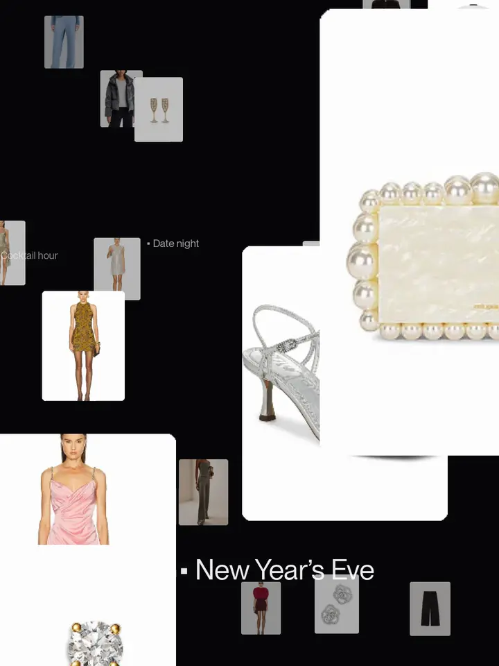 Phia ad: party dresses, silver heels and evening clutches tagged Holiday party, Date night and New Year's Eve float in 3D, then burst into a blue orb. Never guess what to wear. Daily outfit recs from your free digital closet.