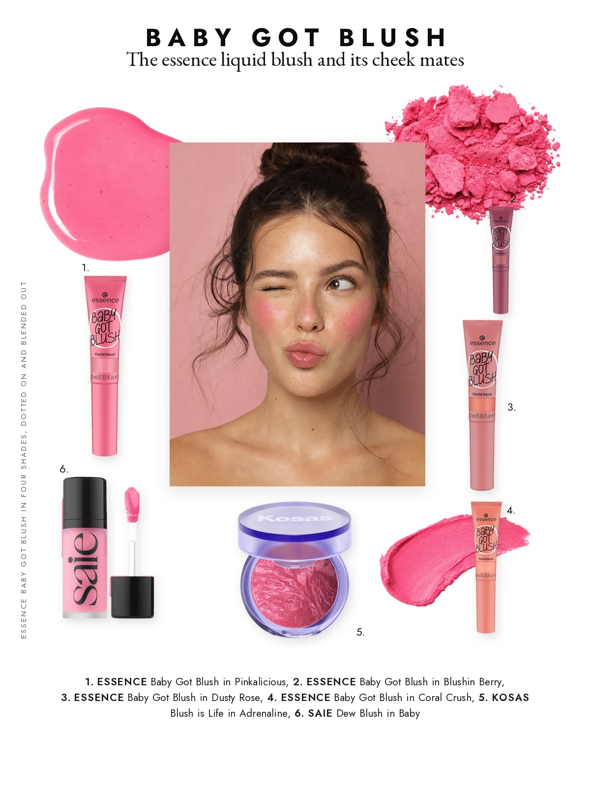 Magazine page collage for essence Baby Got Blush and the Pink Cheek Mates Around It, featuring essence, Kosas and Saie