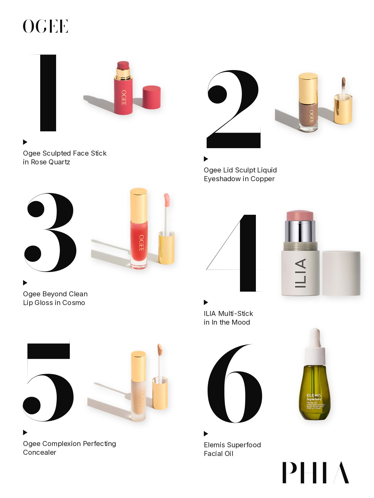 Big numbers collage for Ogee Makeup: six products from Ogee, ILIA and Elemis, each set beside a large numeral