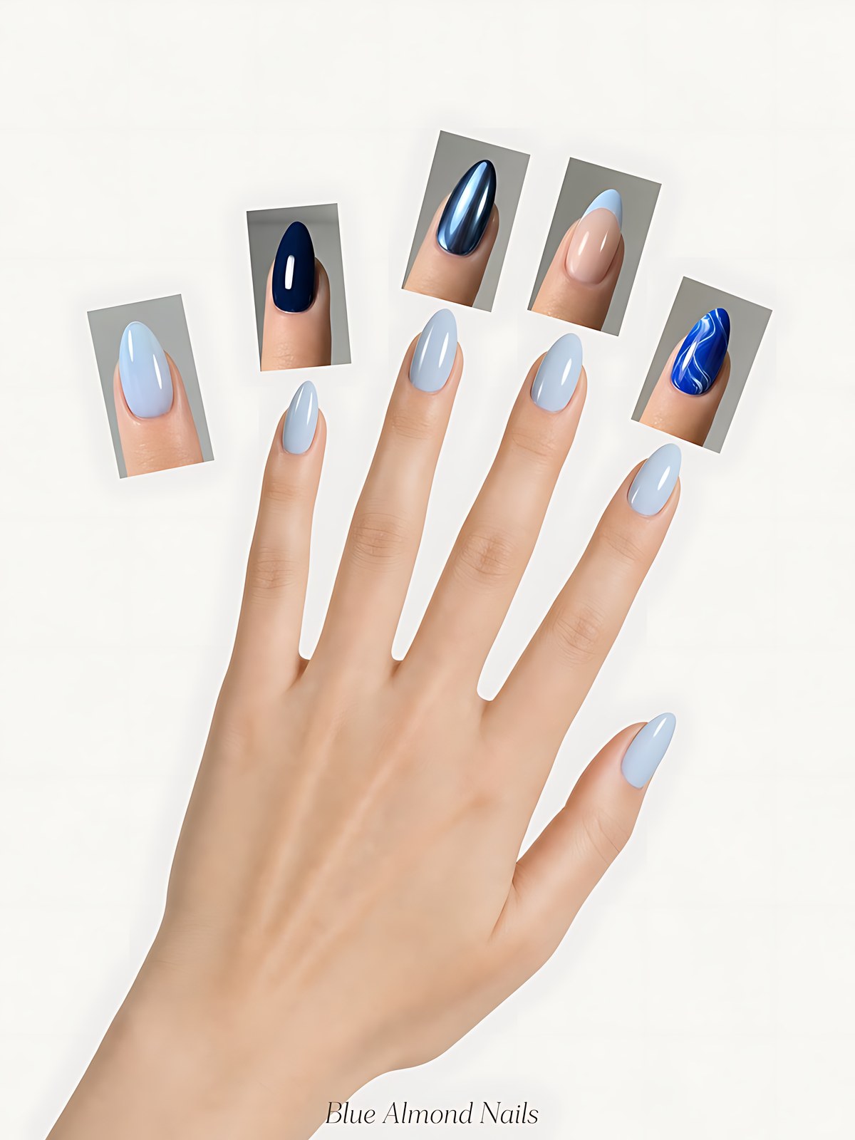Illustrated collage of blue almond nails looks