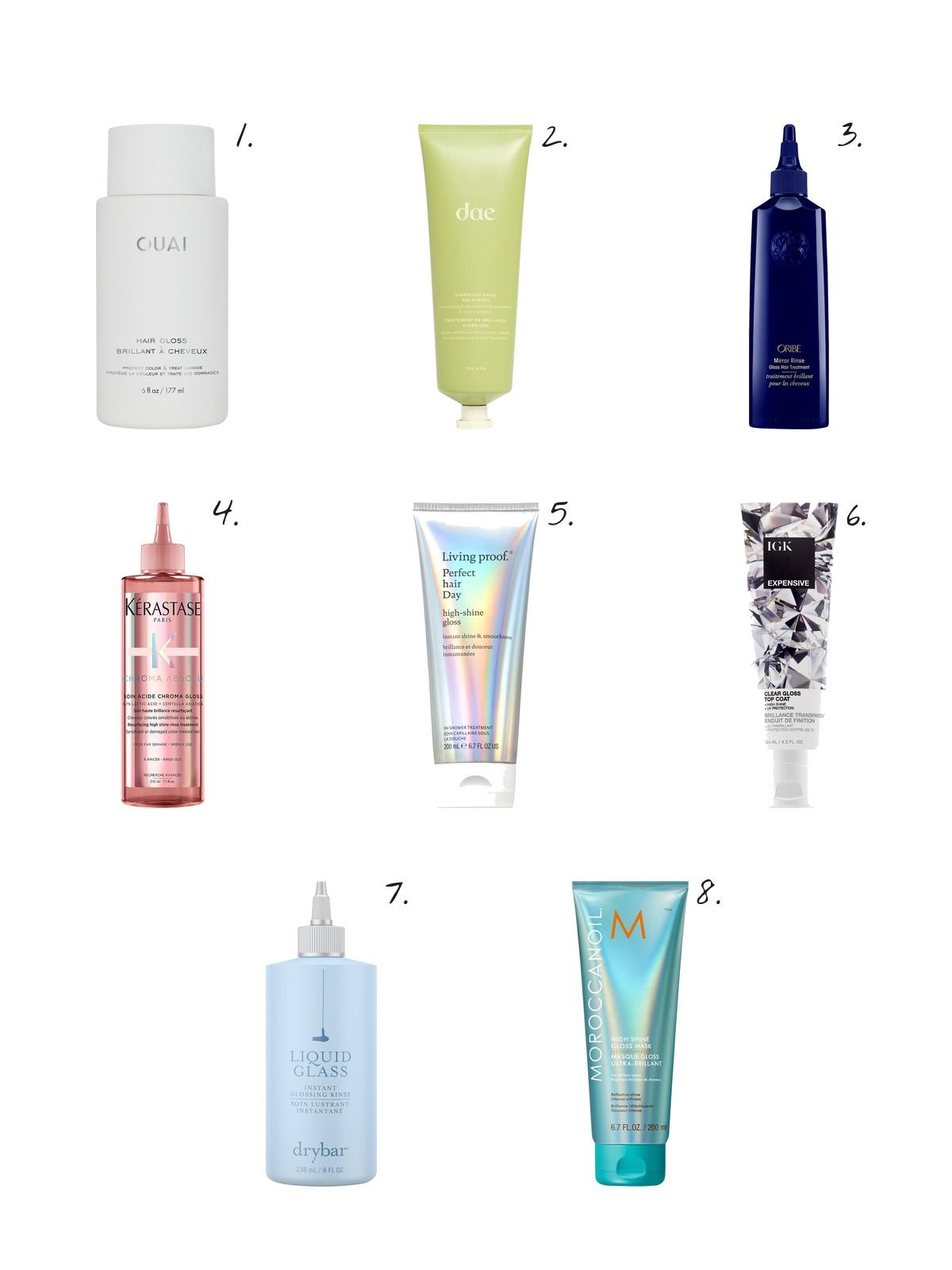 Numbered collage: 1. OUAI Hair Gloss In-Shower Shine Treatment; 2. dae Stargloss Shine Hair Gloss Treatment; 3. Oribe Mirror Rinse Glass Hair Treatment; 4. Kérastase Chroma Absolu High Shine Gloss Treatment for Color-Treated Hair; 5. Living Proof Perfect hair Day (PhD) High-Shine Gloss Hair Treatment; 6. IGK EXPENSIVE Hi-Shine Gloss Treatment; 7. Drybar Liquid Glass Instant Glossing Rinse; 8. Moroccanoil High Shine Gloss Mask