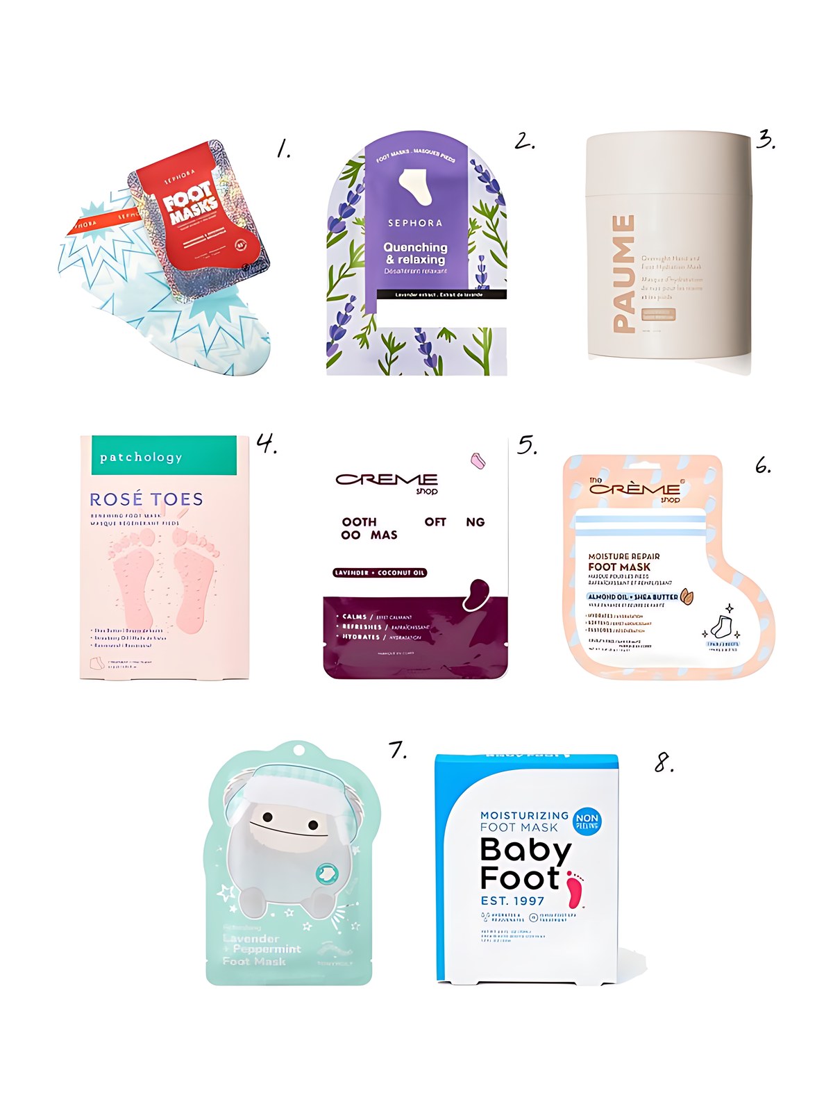 Numbered collage: 1. SEPHORA COLLECTION Nourishing & Repairing Foot Mask; 2. SEPHORA COLLECTION Nourishing Foot Mask in Coconut + Lavender; 3. PAUME Overnight Hand & Foot Hydration Mask; 4. Patchology Rosé Toes Renewing Foot Mask; 5. The Crème Shop Soothing & Softening Foot Mask, 3-Pk.; 6. The Crème Shop Moisture Repair Foot Mask, 3-Pk.; 7. TONYMOLY Squishmallows Evita Foot Mask, 0.7 oz.; 8. Baby Foot Moisturizing Foot Mask