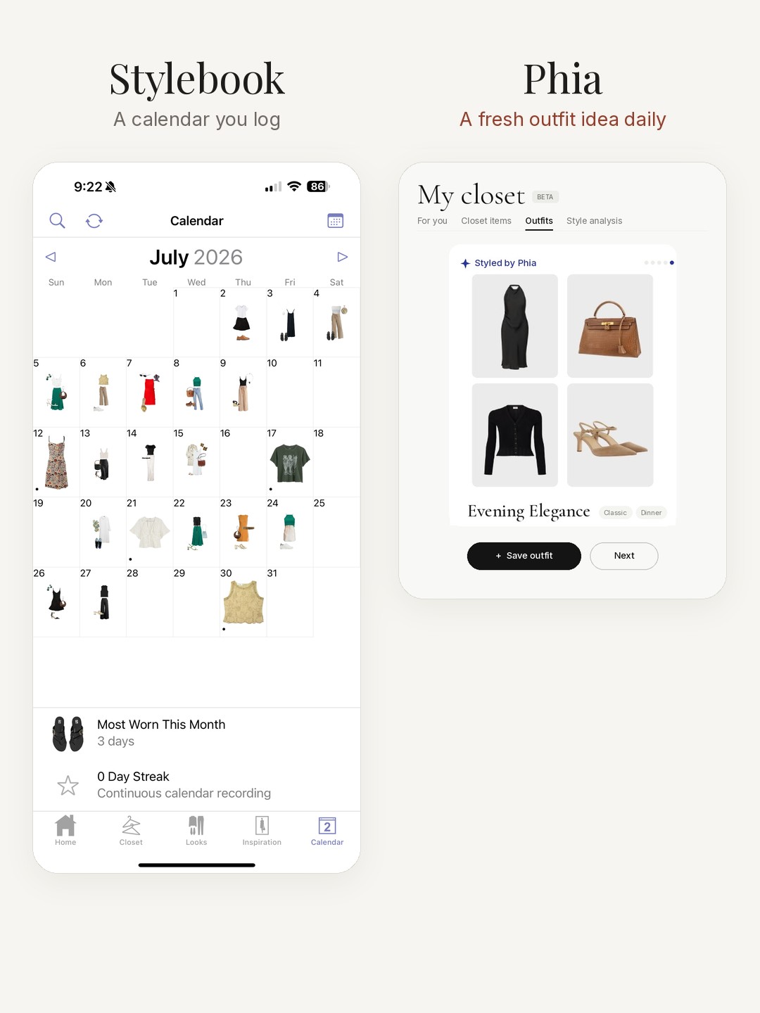 Side by side: Stylebook's outfit calendar, next to a Styled by Phia outfit called Evening Elegance