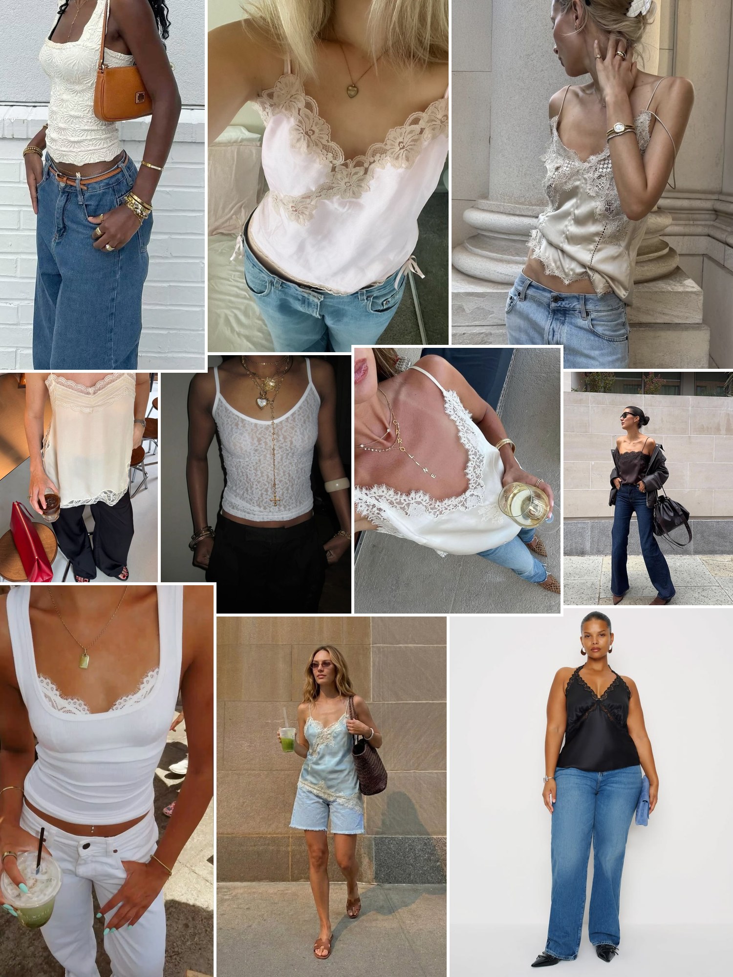 Collage of everyday outfits built around Lace cami