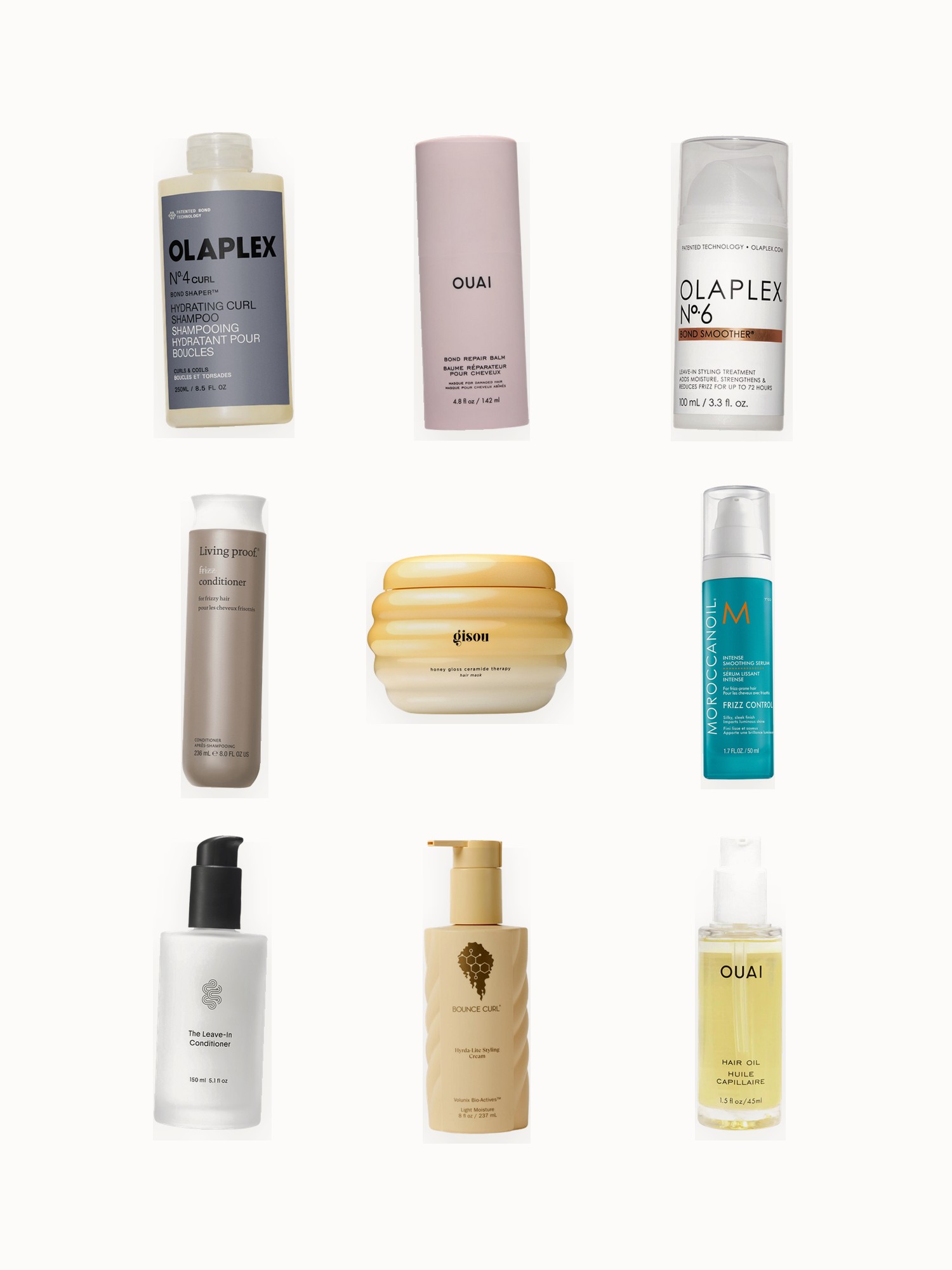 Flat lay of shampoo, conditioner, a leave-in cream, hair masks, frizz serum, curl cream and hair oil on an off-white background