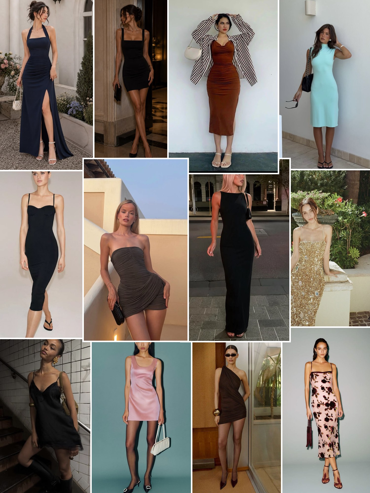 Collage of everyday outfits built around Fashion Nova dresses