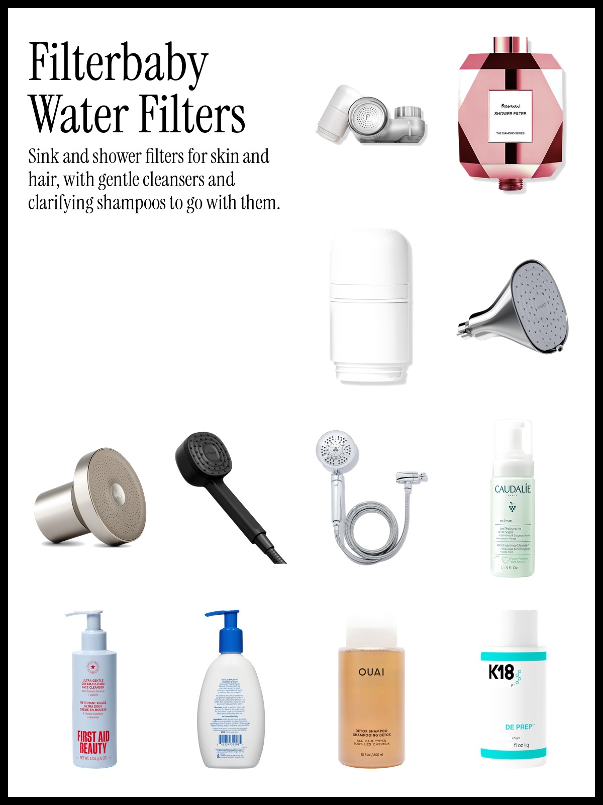 Collage of the Filterbaby Skincare Water Filter 2.0, CANOPY filtered showerhead and Jolie filtered showerhead with gentle cleansers