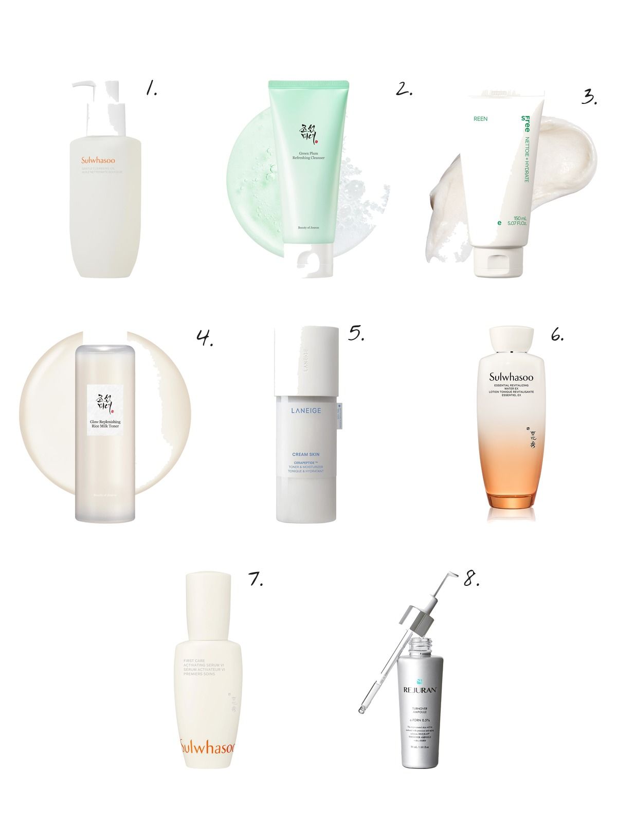 Numbered collage: 1. Sulwhasoo Gentle Cleansing Oil Makeup Remover; 2. Beauty of Joseon Green Plum Refreshing Cleanser for Gentle Daily Wash; 3. innisfree Korean Sulfate-Free Jeju Green Tea Amino Acid Cleansing Foam; 4. Beauty of Joseon Glow Replenishing Rice Milk Toner for Intense Hydration with Rice + Amino Acids; 5. LANEIGE Cream Skin Milky Toner with Ceramides & Peptides for Nourishing Hydration; 6. Sulwhasoo Essential Revitalizing Water EX 5.07 oz.; 7. Sulwhasoo First Care Activating Serum for Anti-Aging; 8. Rejuran Turnover Ampoule c-PDRN 0.5% Renewing Serum for Smooth Texture & Glass Skin