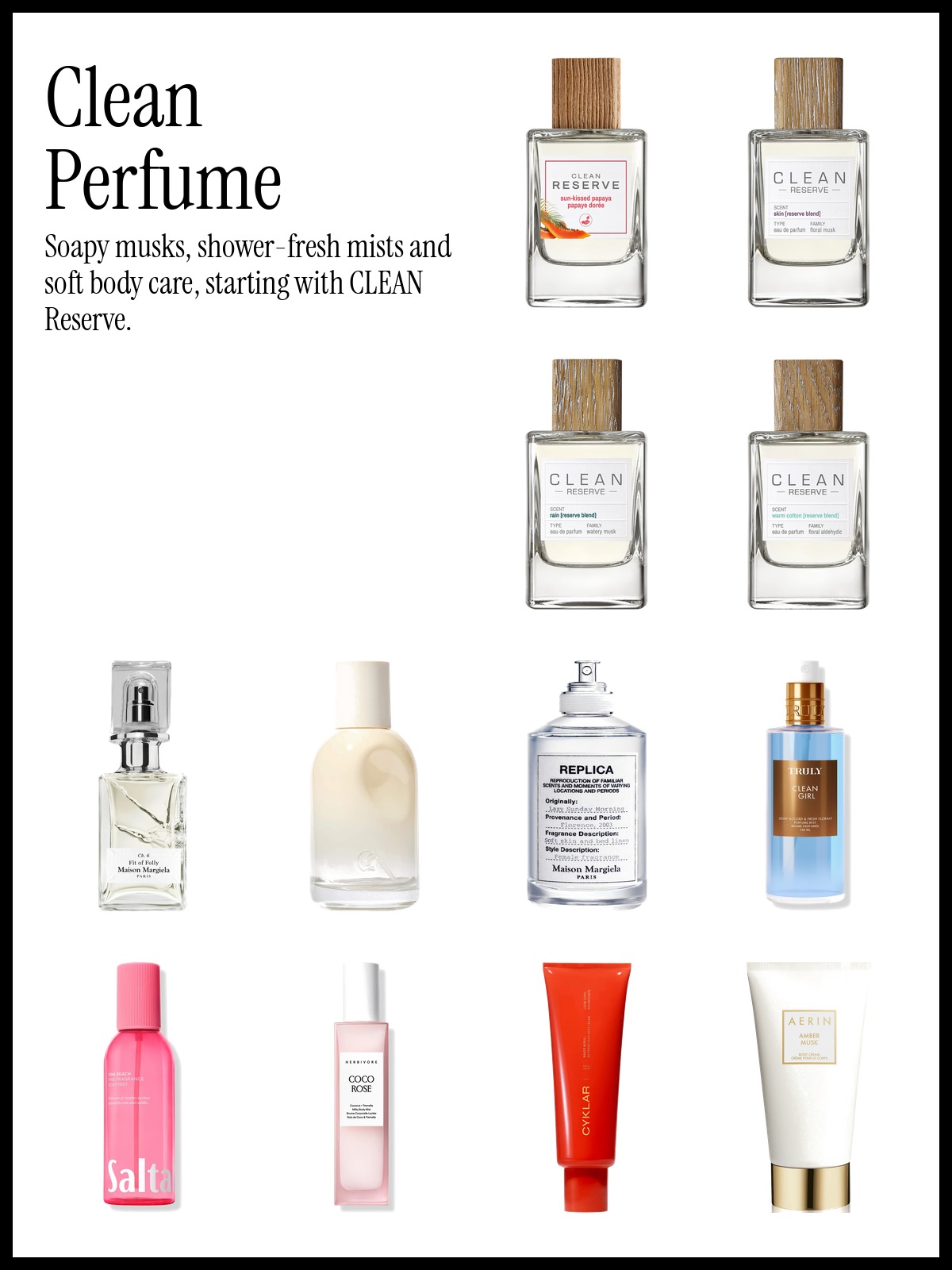Collage of CLEAN Reserve Sun-Kissed Papaya, Maison Margiela Fit of Folly parfum and Truly Clean Girl Perfume Mist
